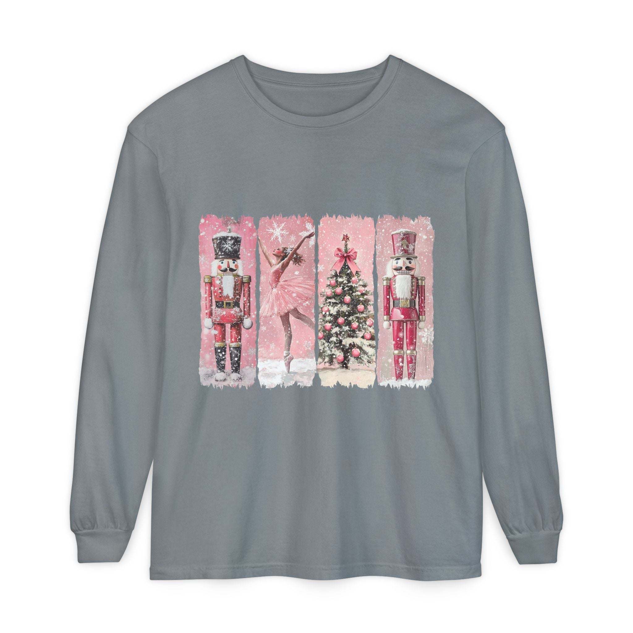 Preppy pink watercolor Nutcracker Christmas long sleeve T-shirt with festive holiday design
