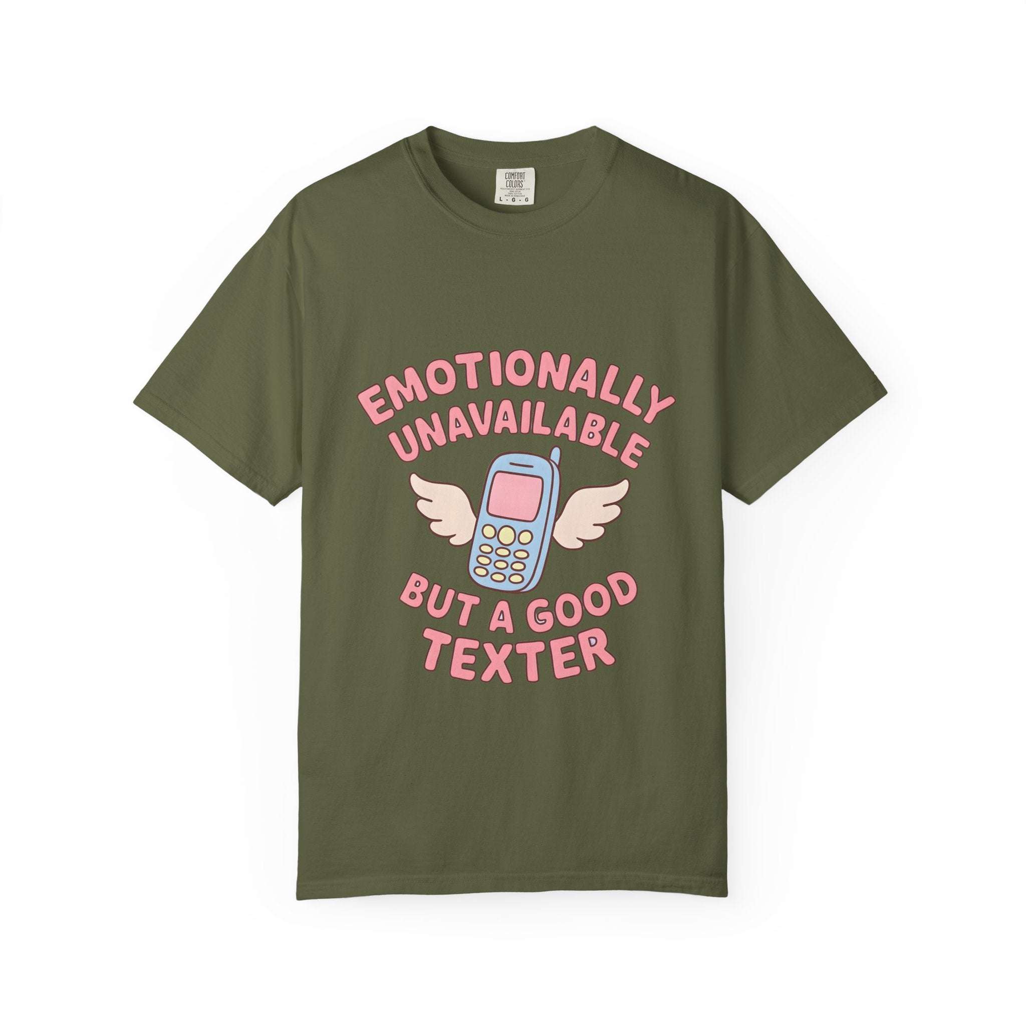 Black graphic t-shirt featuring 'Emotionally Unavailable But A Good Texter' text, from Printify.