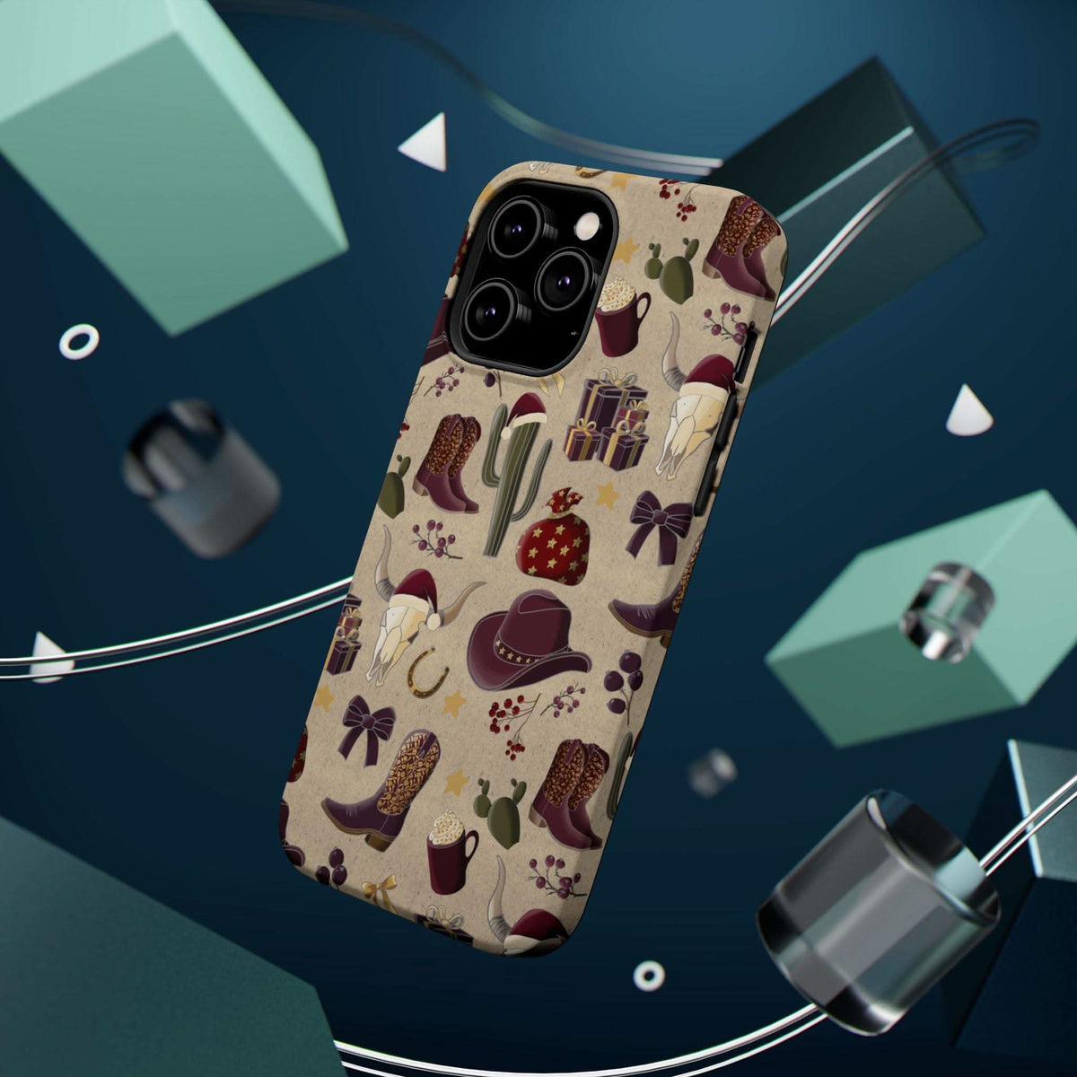 Cowboy Christmas design phone case for iPhone 17 in glossy finish by Printify, featuring festive colors and patterns.