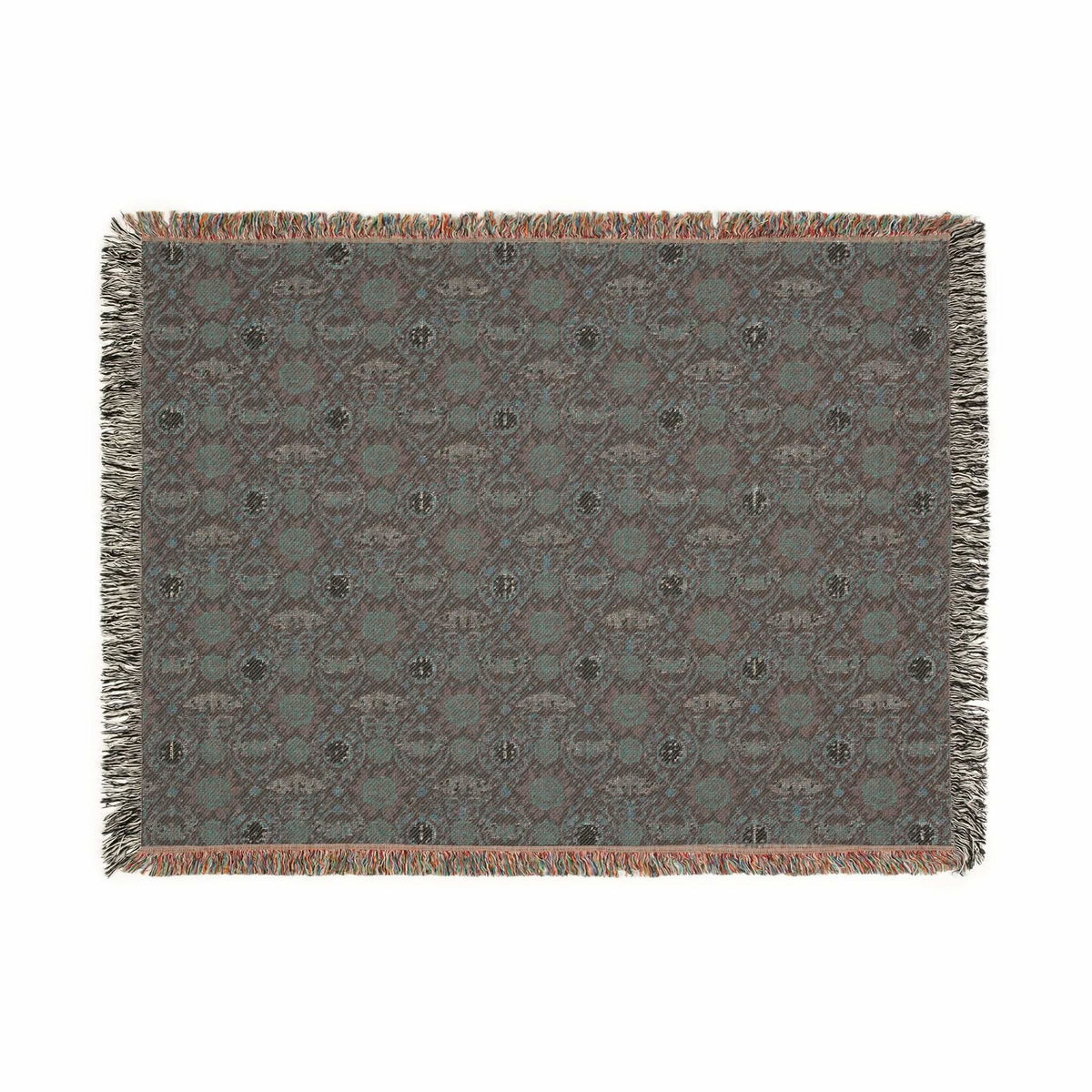 Victorian Gothmas Woven Blanket with candlelight-inspired dark and crimson hues and colorful fringed edges