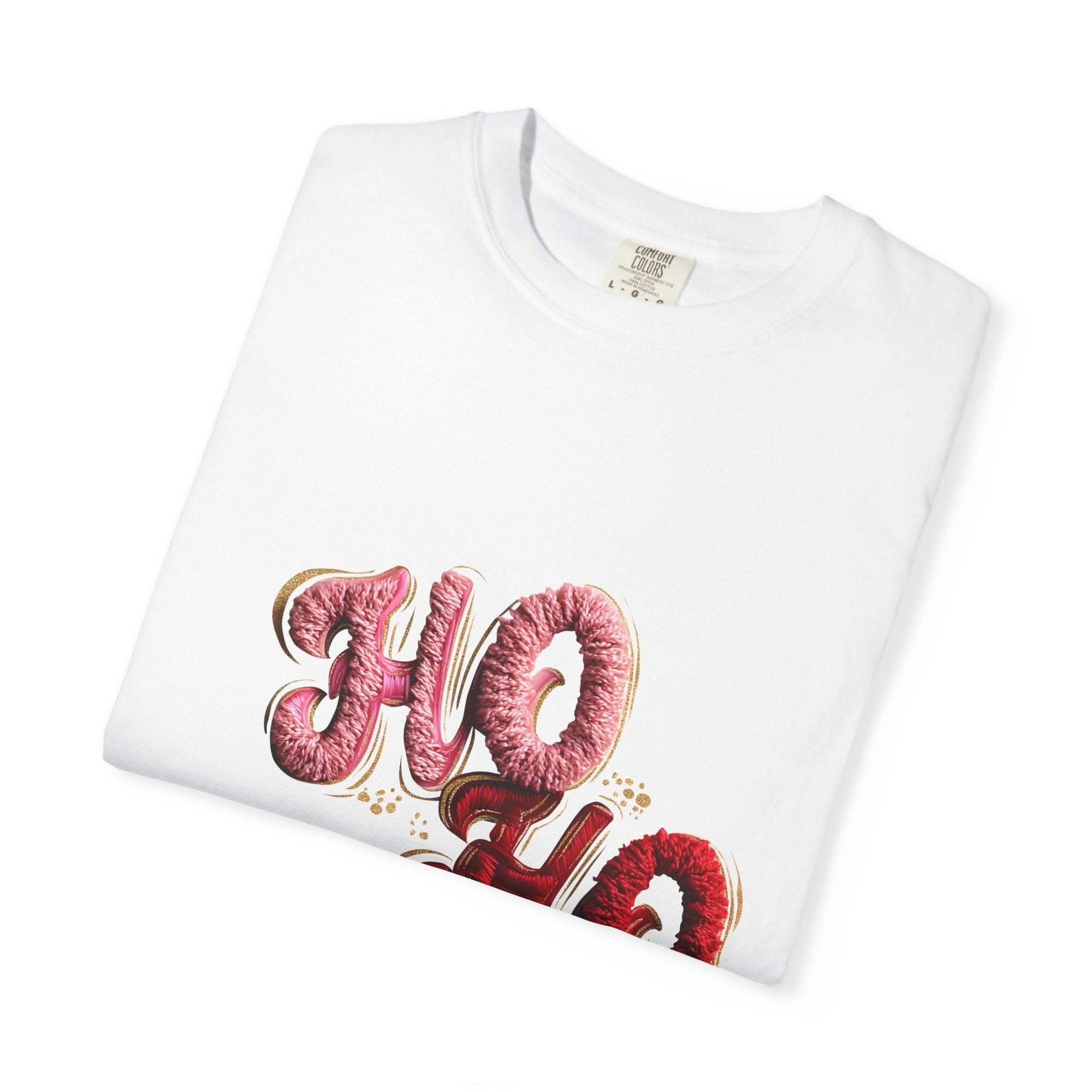 White Christmas graphic tee featuring faux puffy crochet 'Ho, Ho, Ho' design by Printify