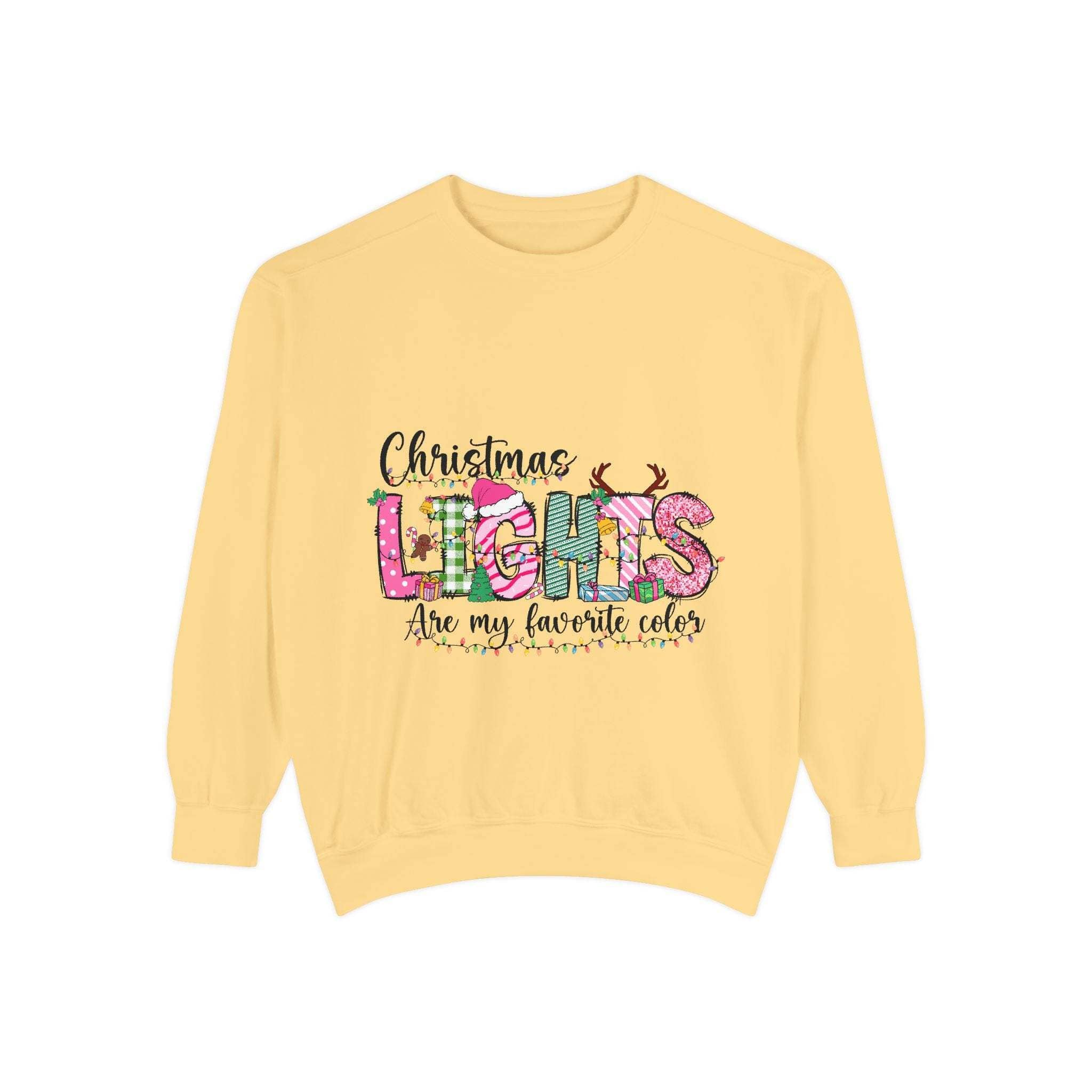 White garment-dyed sweatshirt featuring colorful Christmas lights design from Printify.