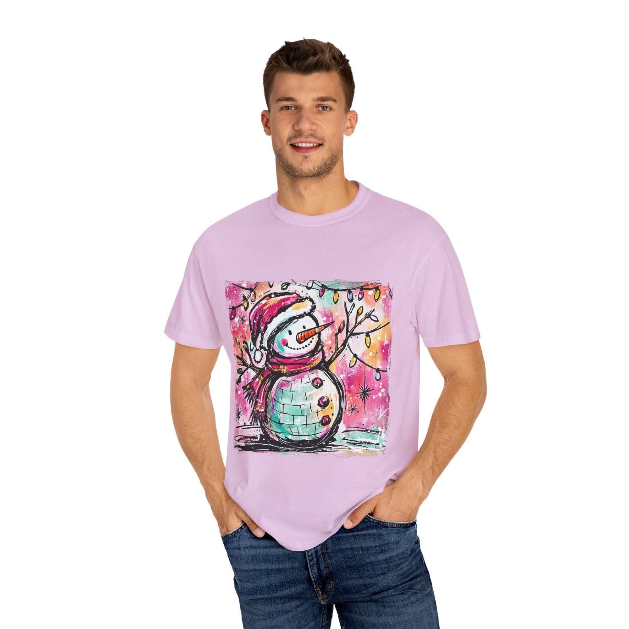 White unisex t-shirt featuring colorful disco ball snowman design, perfect for Christmas and dance parties by Printify