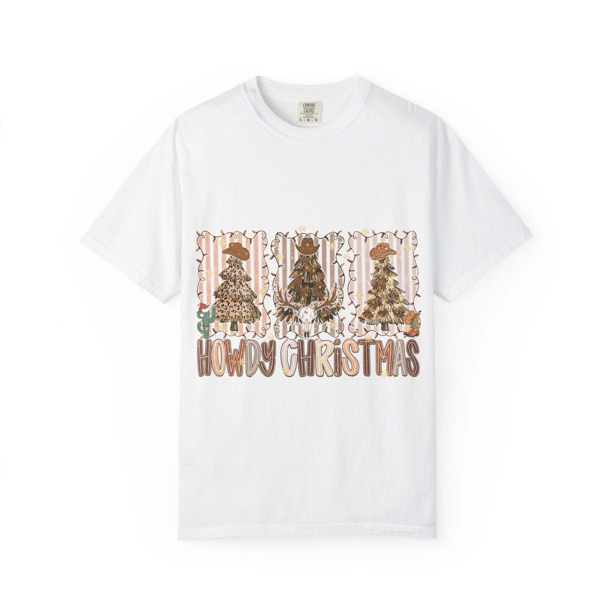 Cowboy Howdy Christmas white t-shirt with festive cowboy tree design and text, made of 100% cotton