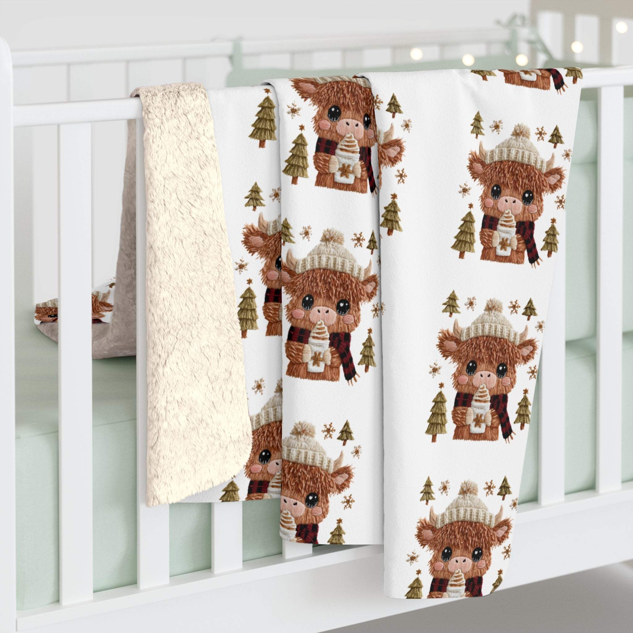Highland cow Sherpa Blanket with plush fleece and rustic cow design for cozy warmth