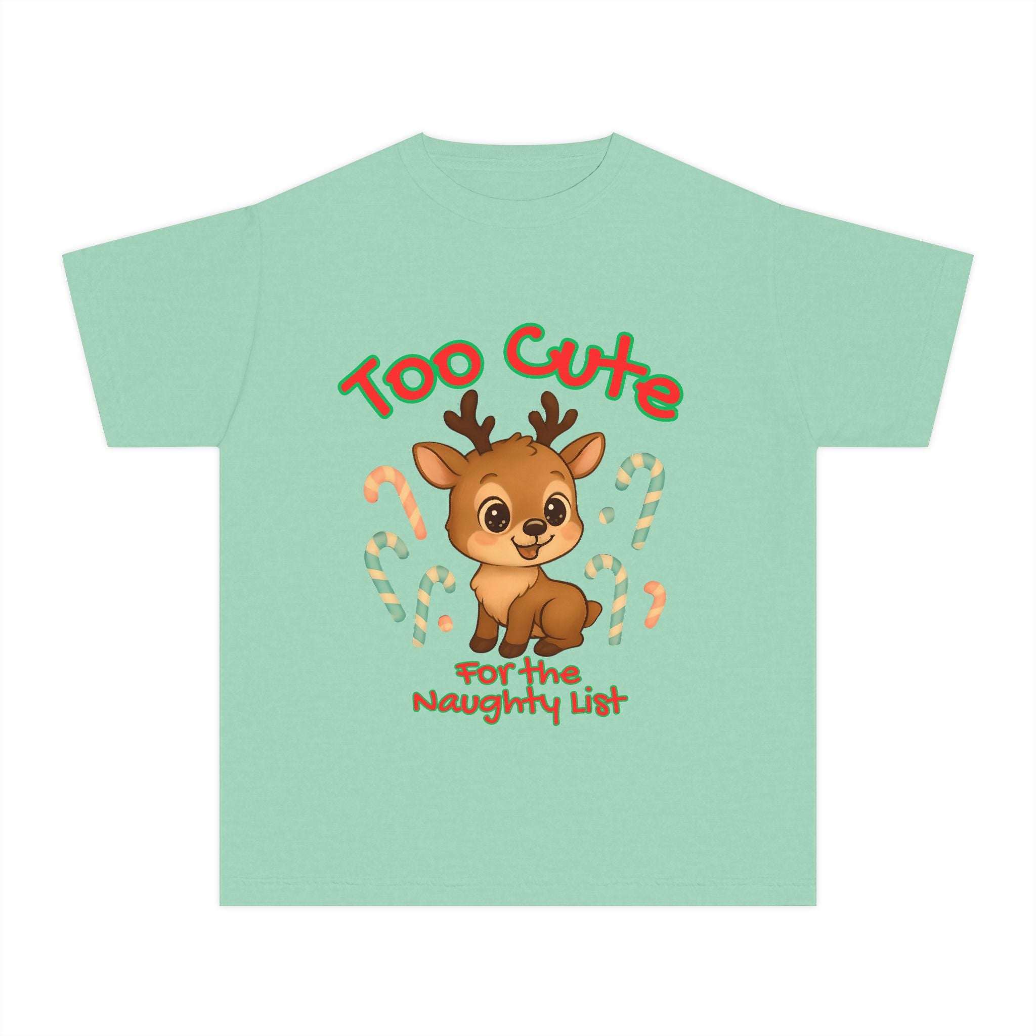 Black youth tee featuring 'Too Cute for the Naughty List' Christmas design by Printify