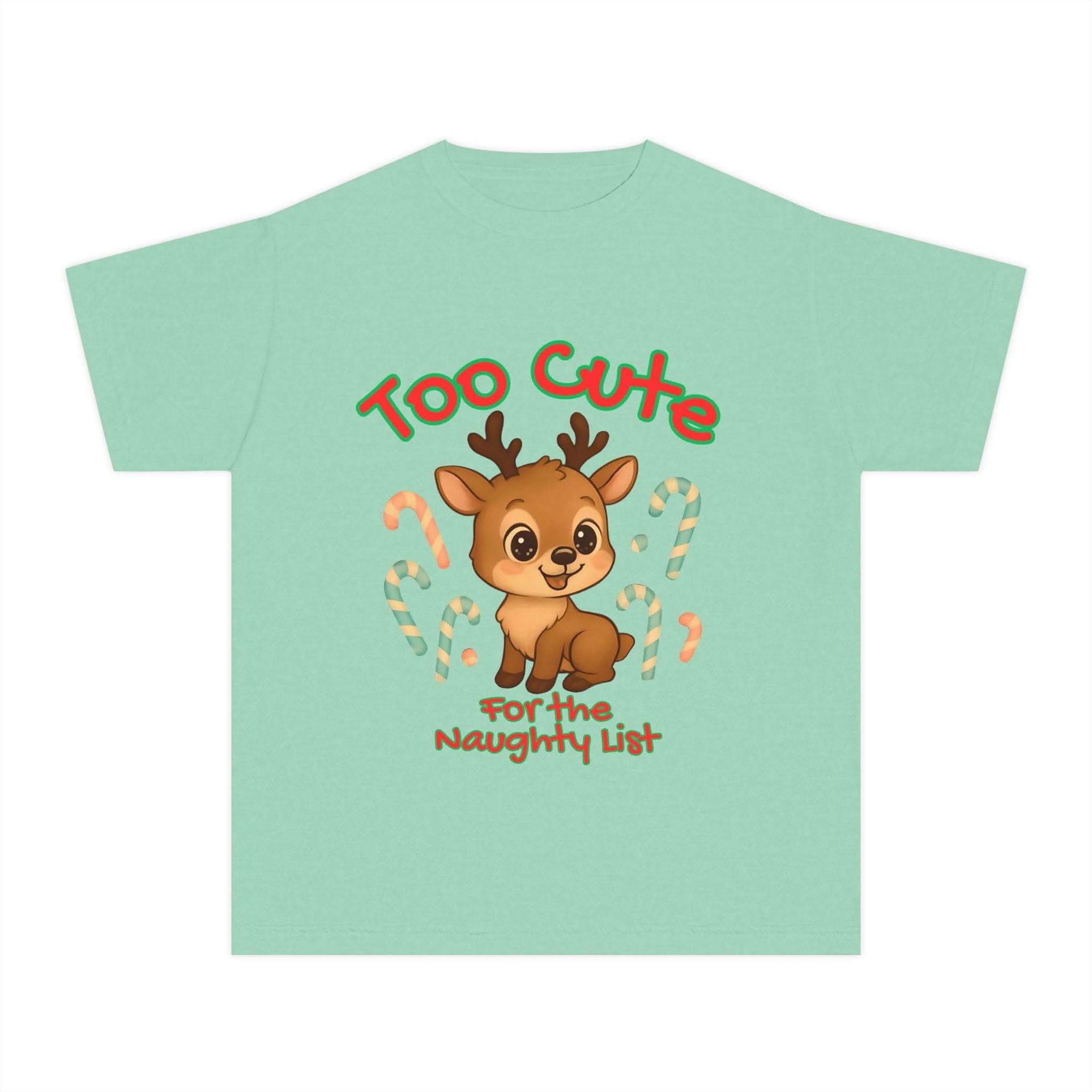 Black youth tee featuring 'Too Cute for the Naughty List' Christmas design by Printify