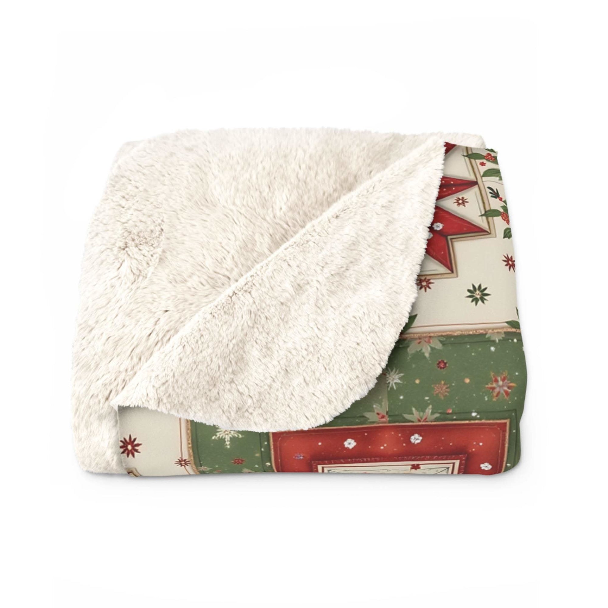 Vintage Christmas patchwork sherpa blanket with nostalgic holiday design and plush fleece backing