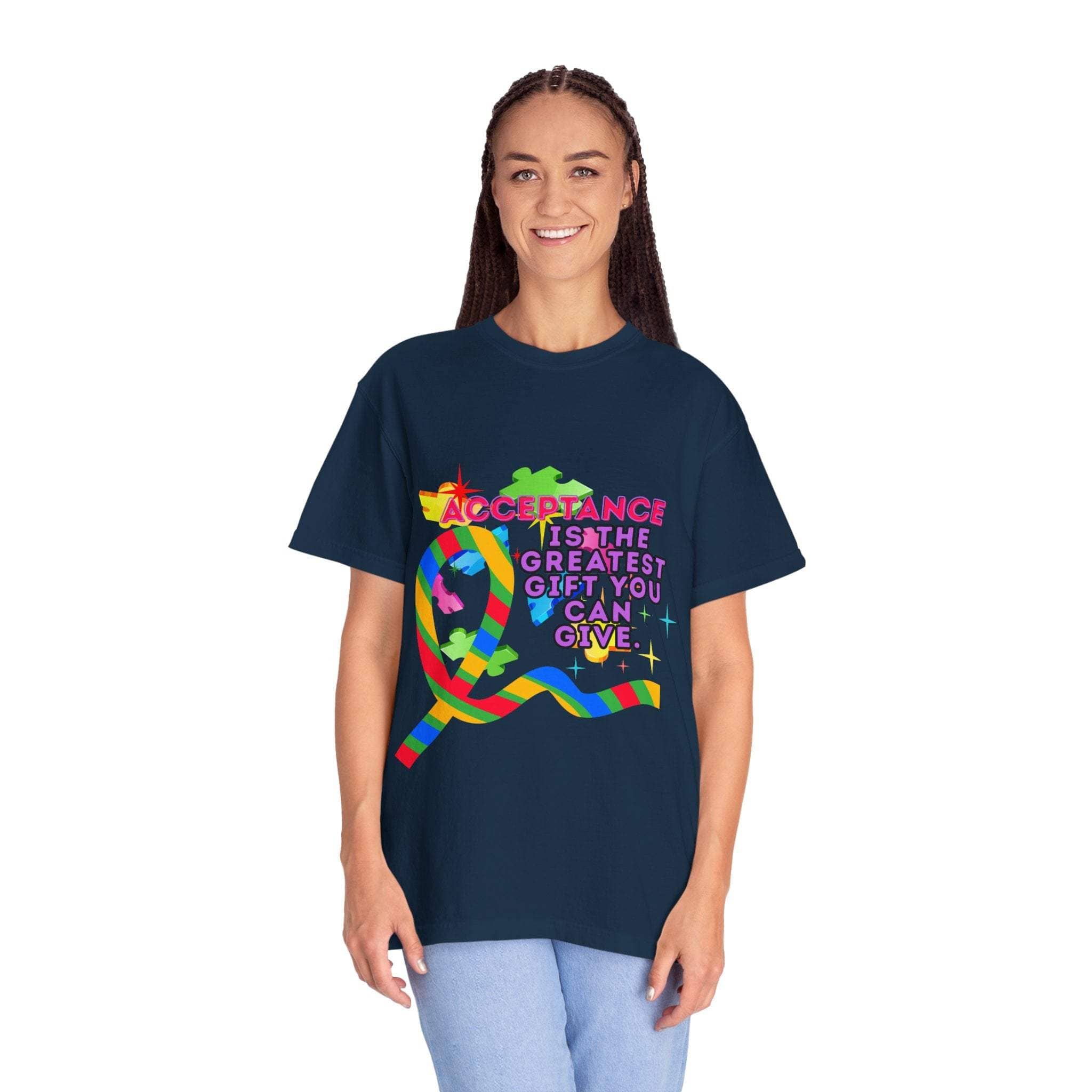 Garment-dyed navy T-shirt with colorful Autism Acceptance ribbon and message promoting inclusivity