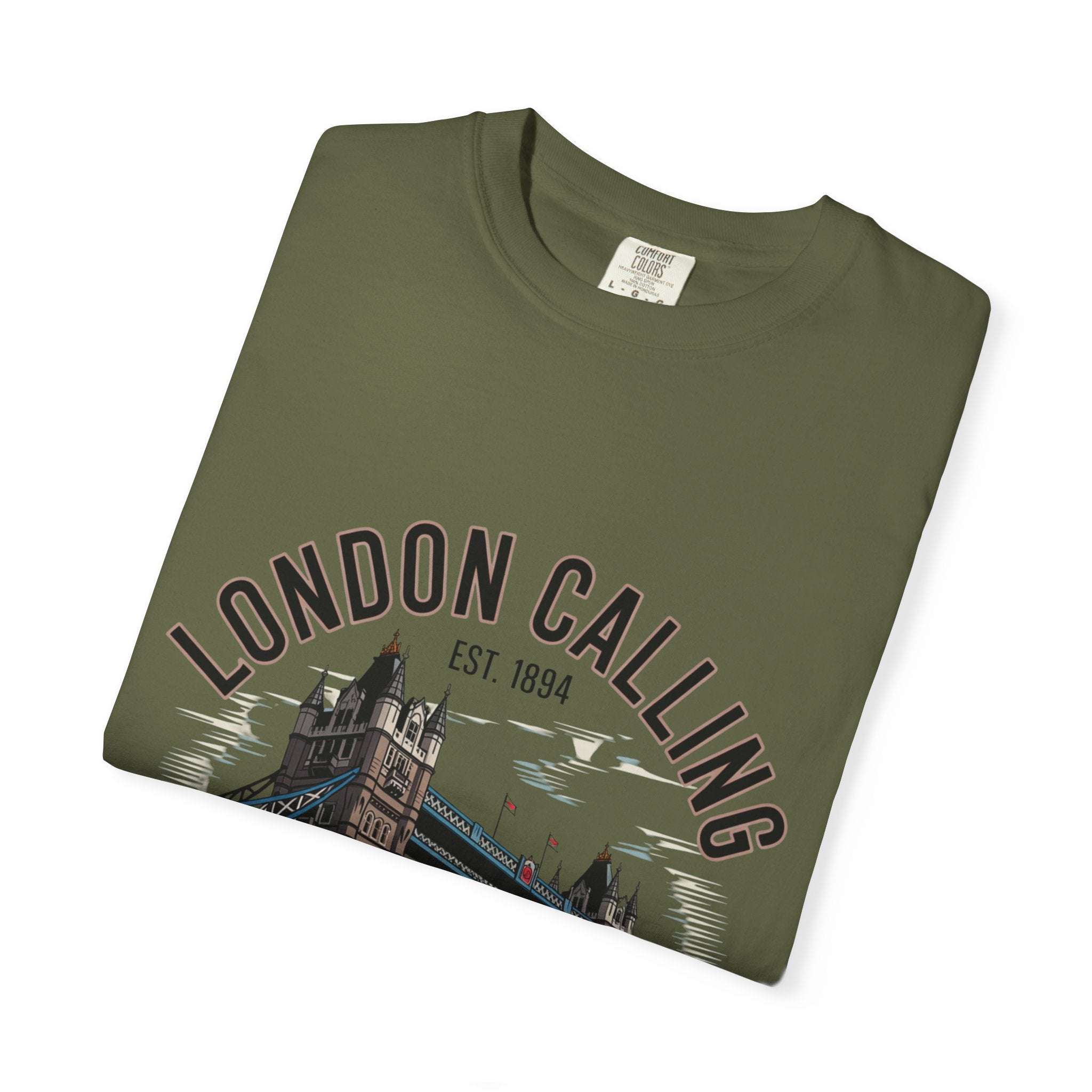 Olive London Calling Travel T-shirt with Tower Bridge graphic, unisex garment-dyed cotton tee