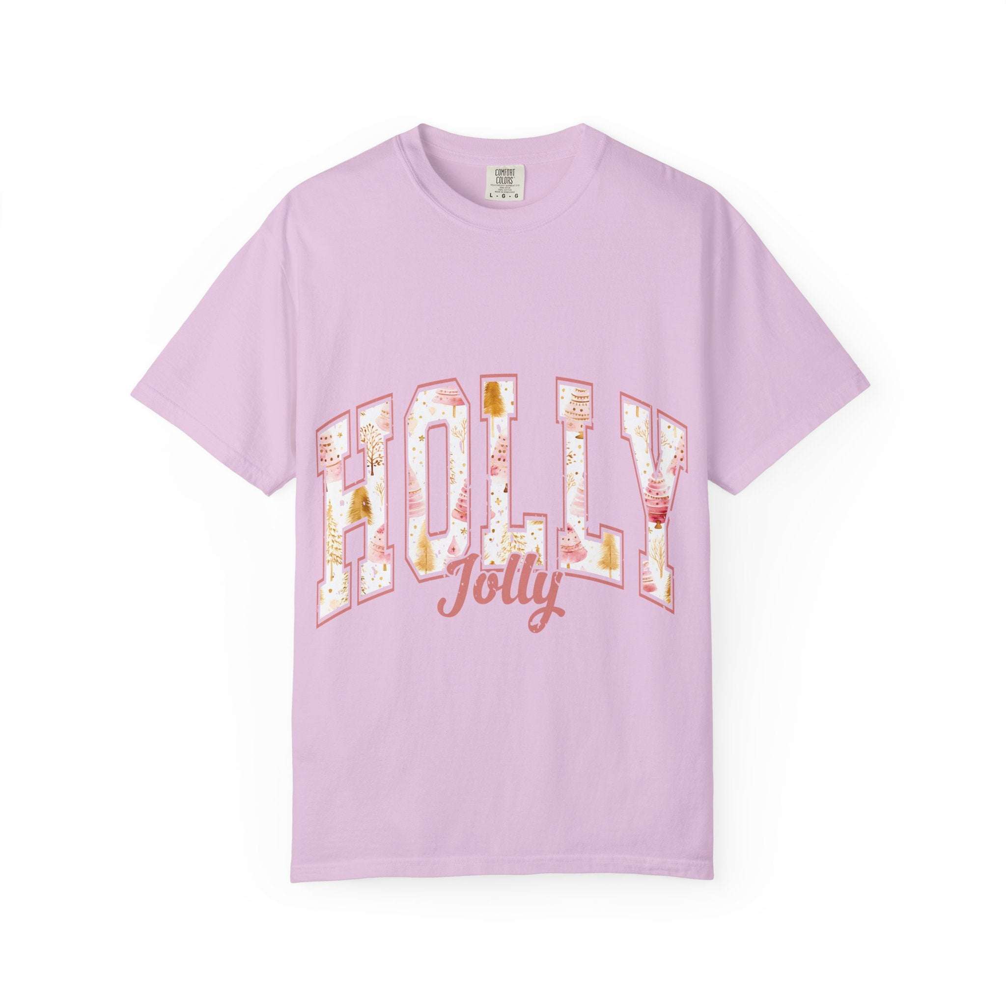 Varsity Holly Jolly T-shirt in lavender garment-dyed cotton with festive holiday print