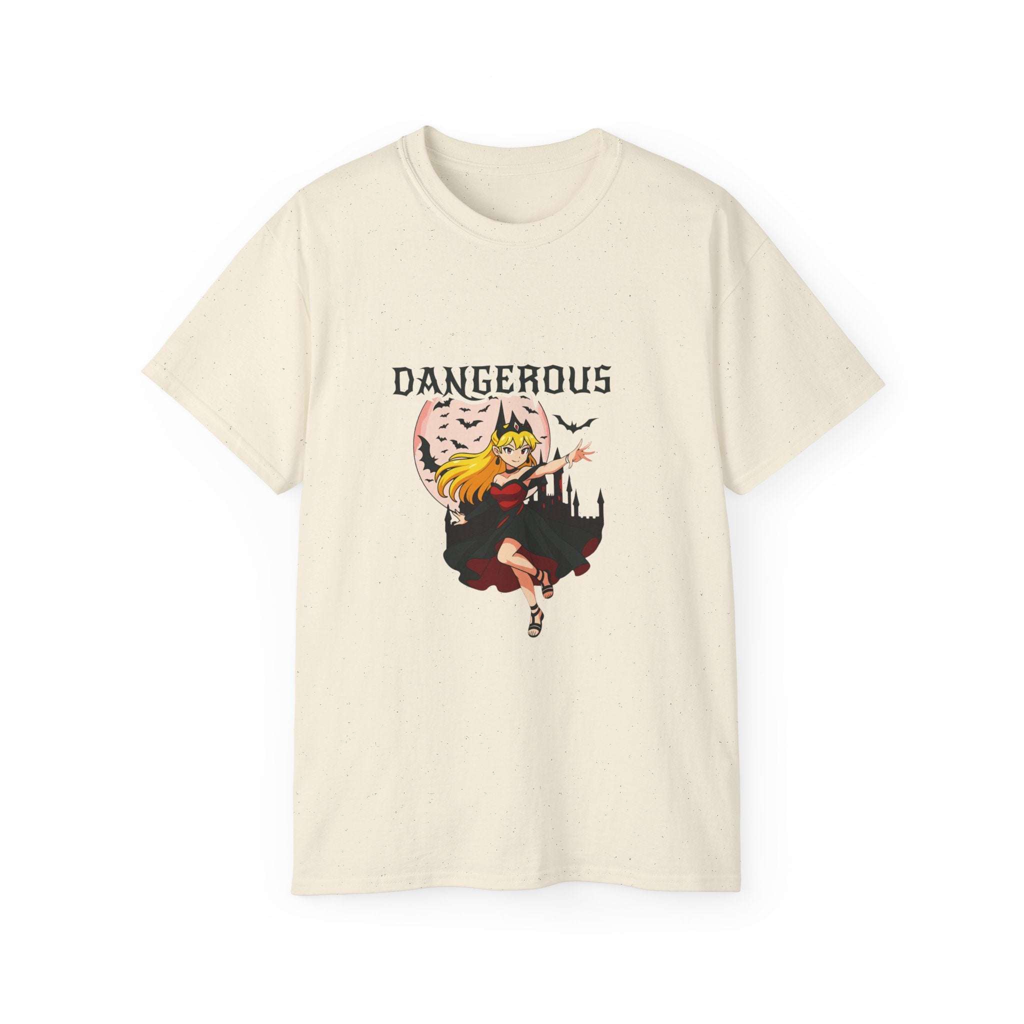 Anime Halloween t-shirt featuring a Dangerous Girl print in Antique Cherry Red, made from eco-friendly cotton
