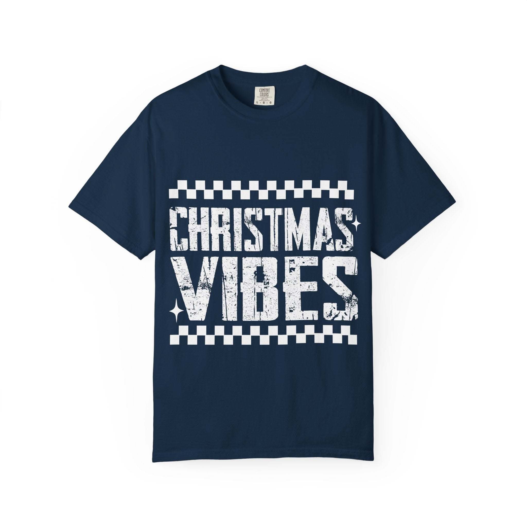 Distressed Christmas Vibes garment-dyed vintage holiday T-shirt with faded distressed graphics and soft muted tones