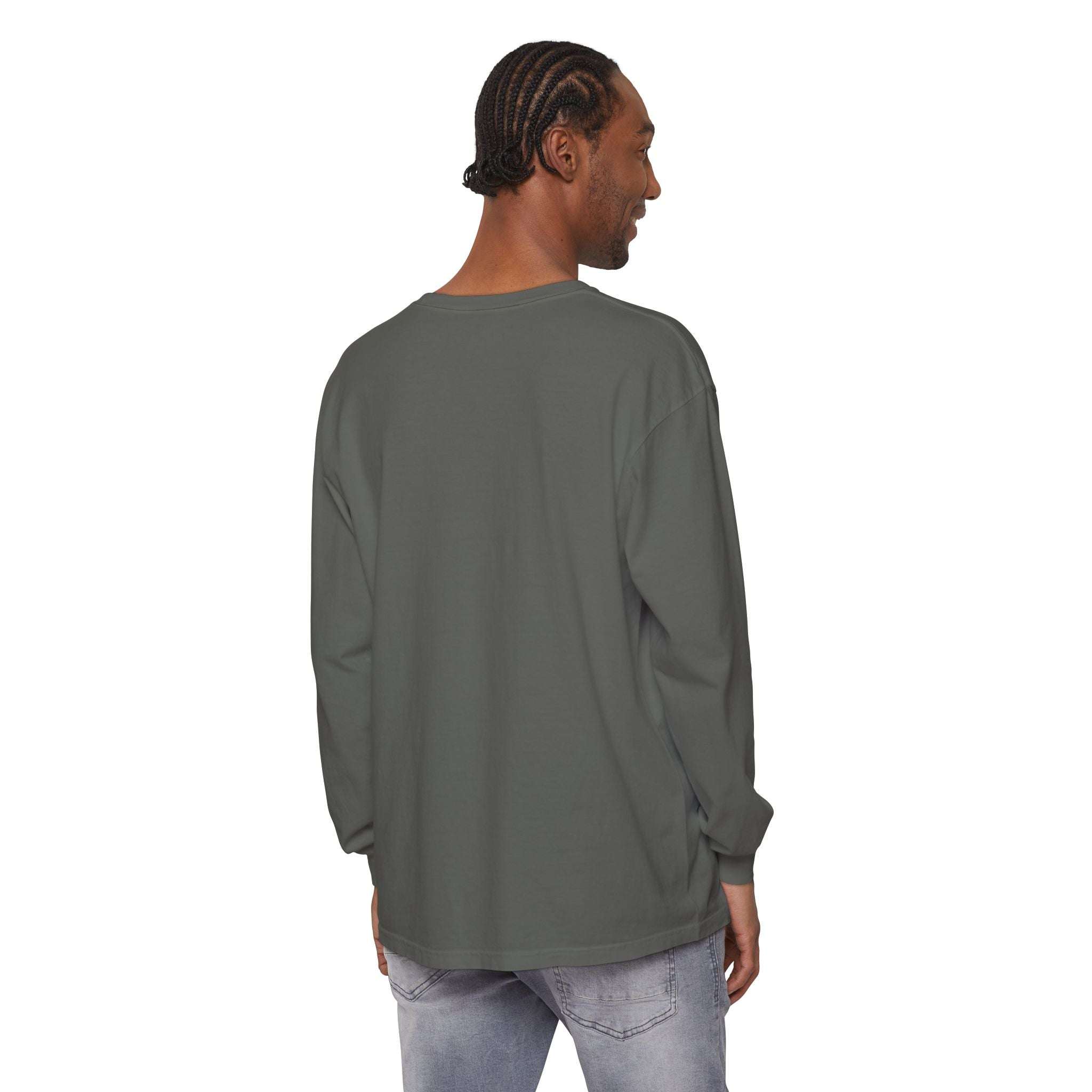 Back view of a man wearing a plain long sleeve t-shirt with ribbed-knit cuffs and durable hems