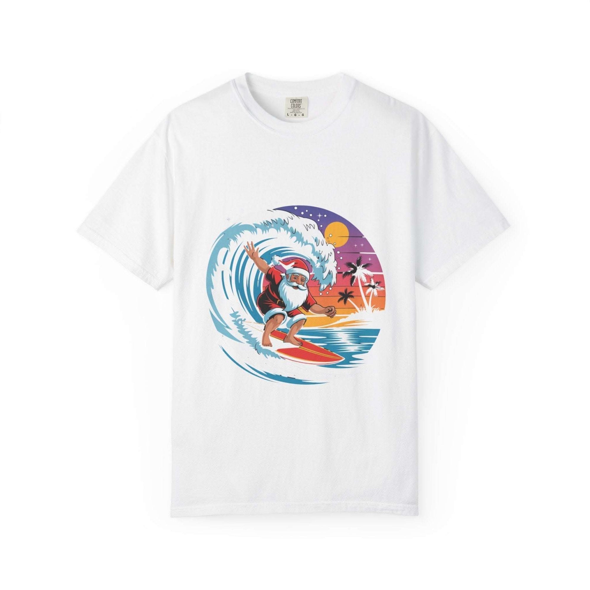 White Surfing Santa T-shirt with festive Santa surfing graphic on a wave at sunset