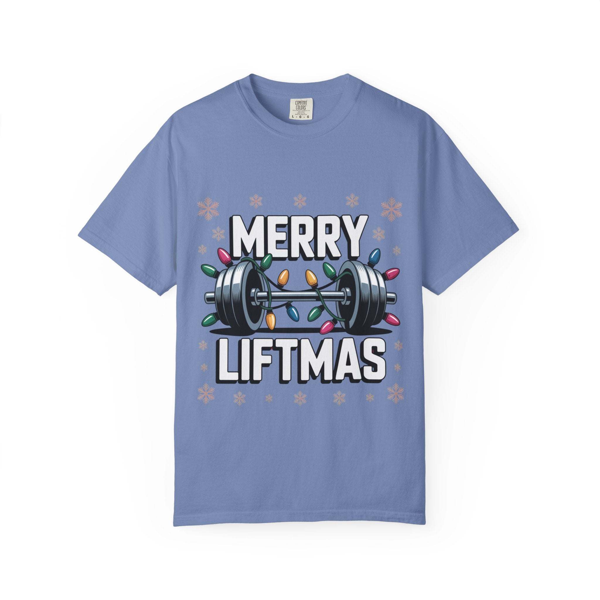 Christmas Workout T-shirt with Merry Liftmas design featuring barbell and holiday lights in blue cotton fabric