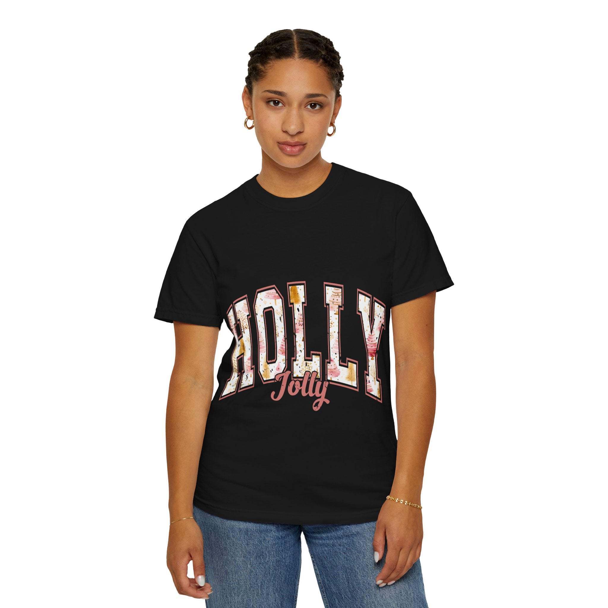 Woman wearing black Varsity Holly Jolly T-shirt with festive graphic and relaxed fit