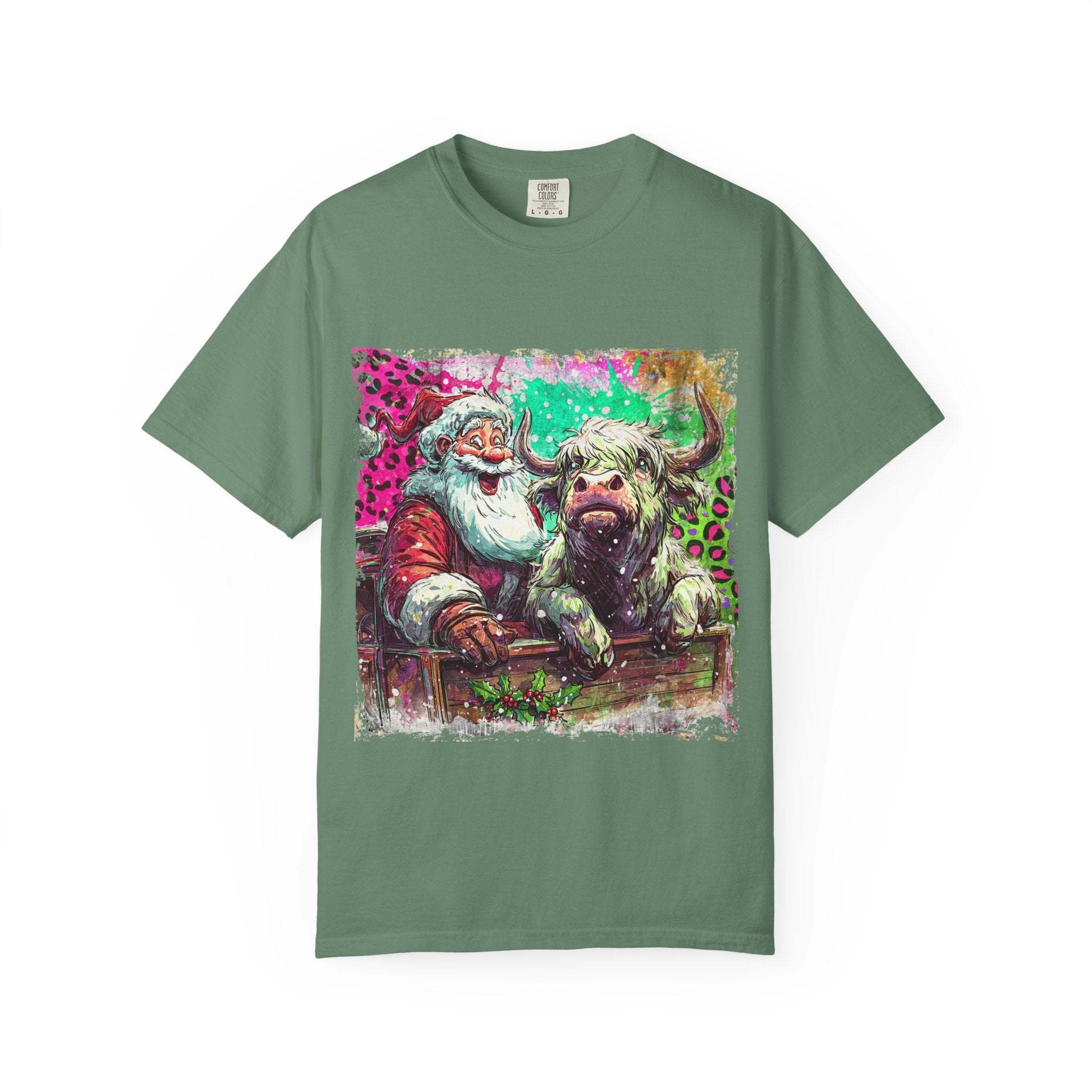 Black Retro Santa and Highland Cow T-shirt, festive design, comfortable cotton fabric, by Printify