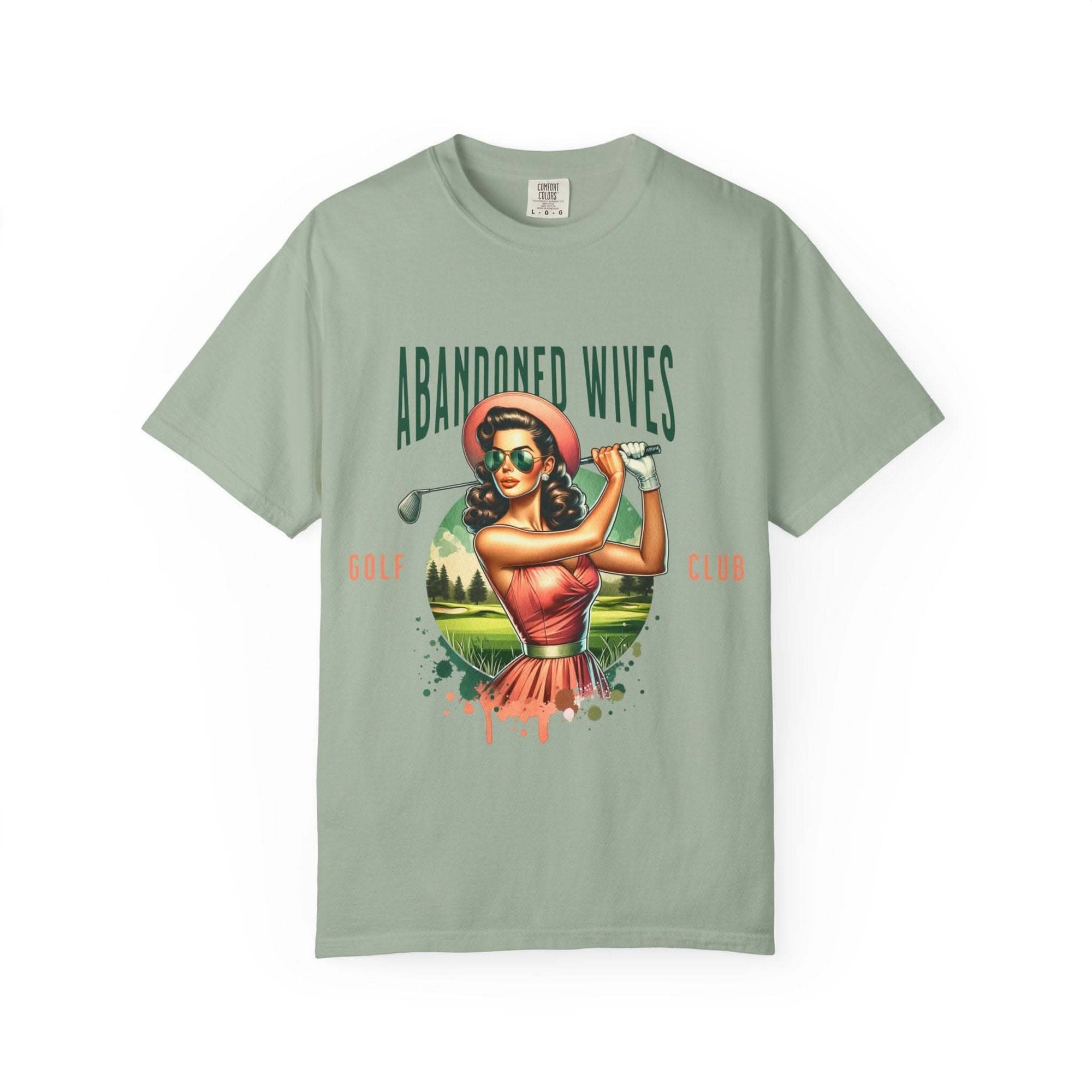 Vintage unisex t-shirt with Abandoned Wives Golf Club retro design in soft green cotton