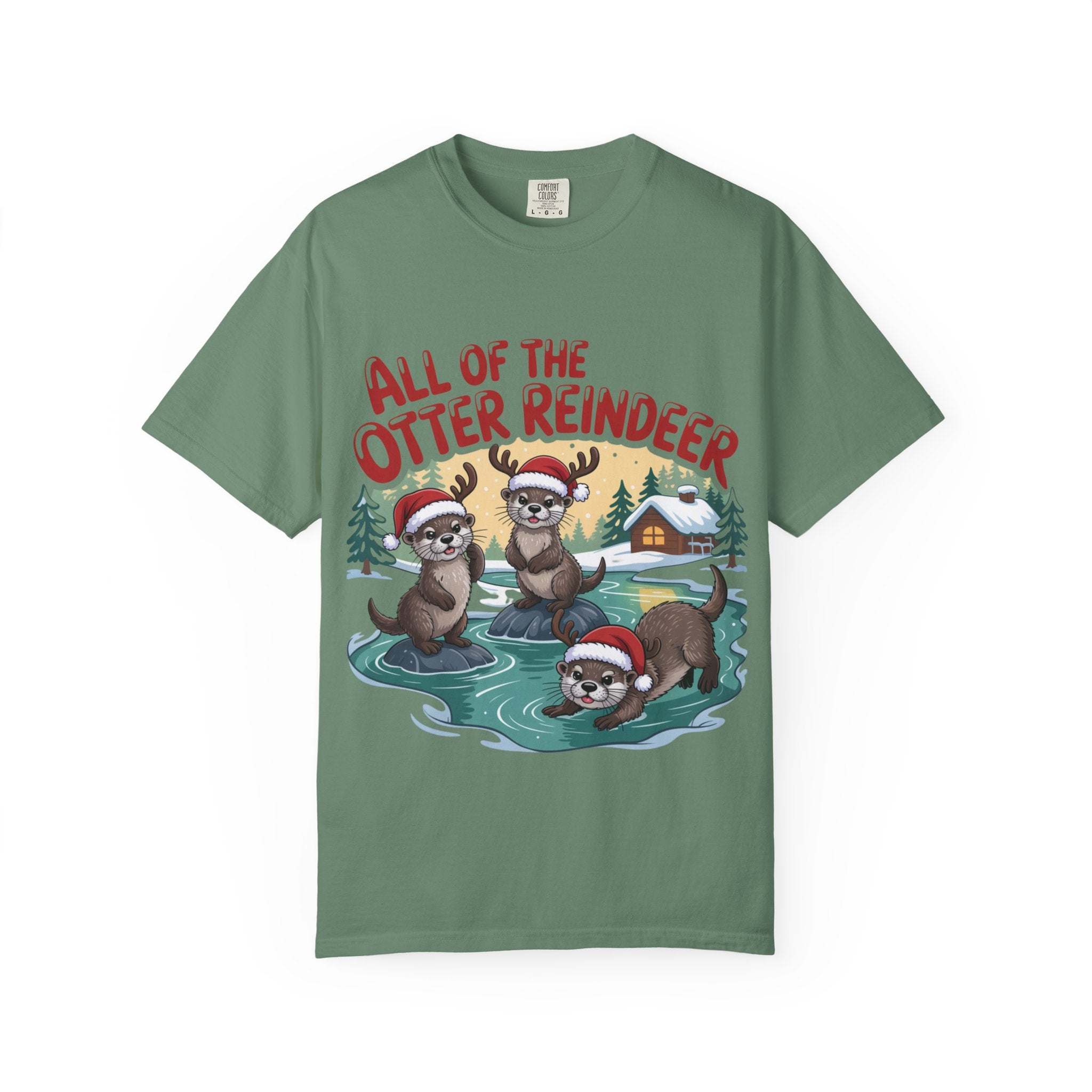 Green Otter Reindeer Tee with festive otters wearing Santa hats in winter scene