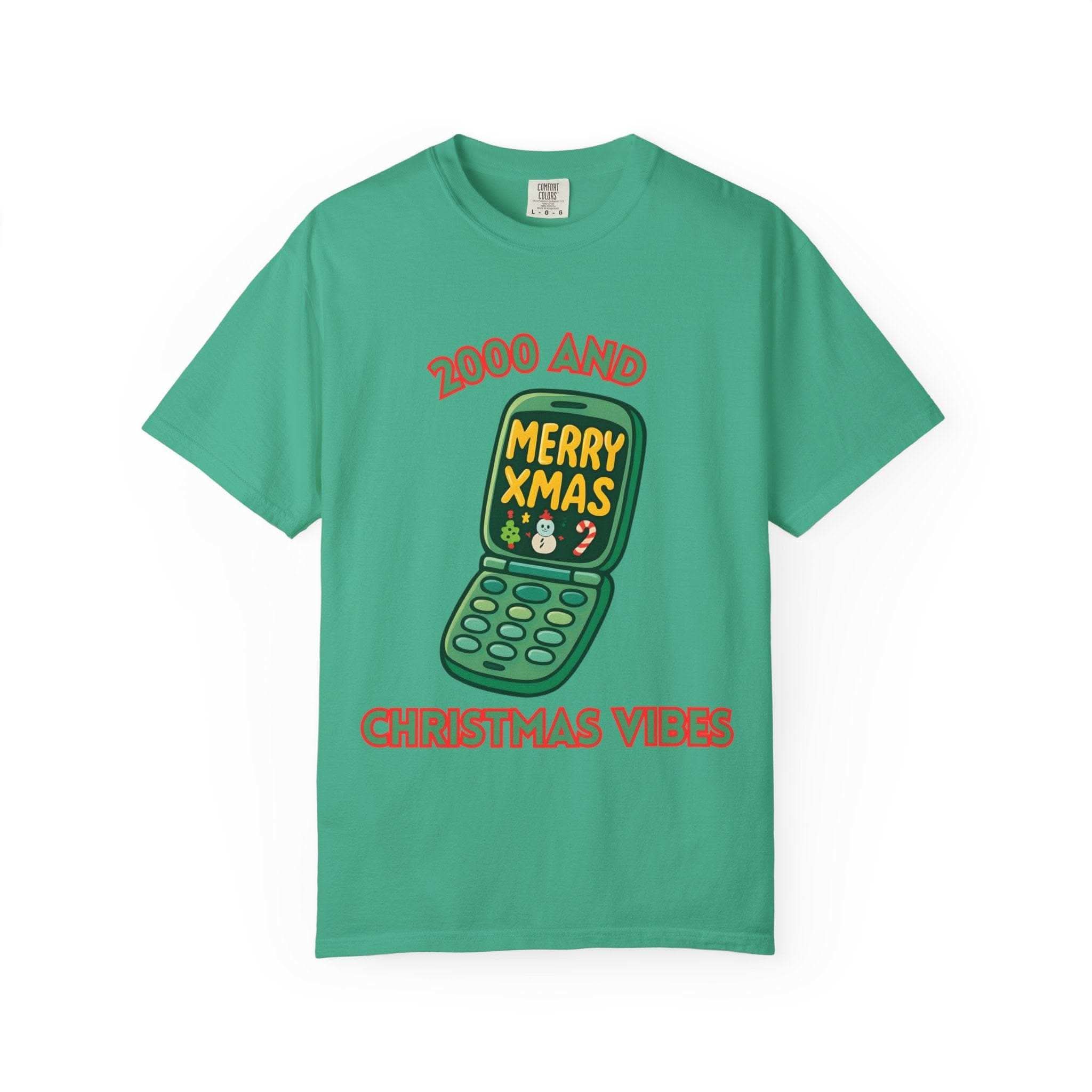 Retro 2000 Christmas t-shirt in black, featuring festive graphics and a classic crew neck design by Printify.