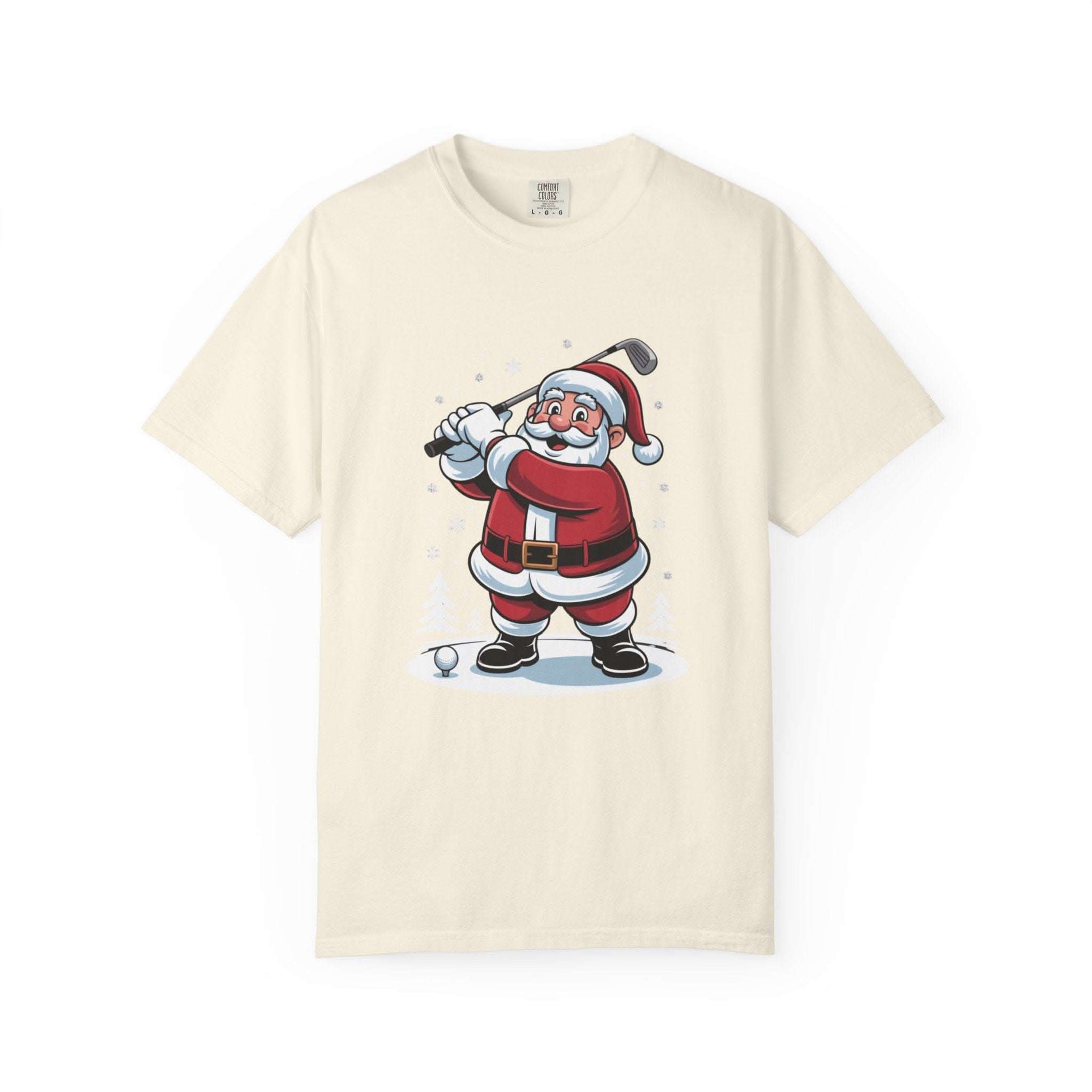 True Navy unisex t-shirt featuring Santa golfing design, perfect for festive occasions by Printify.