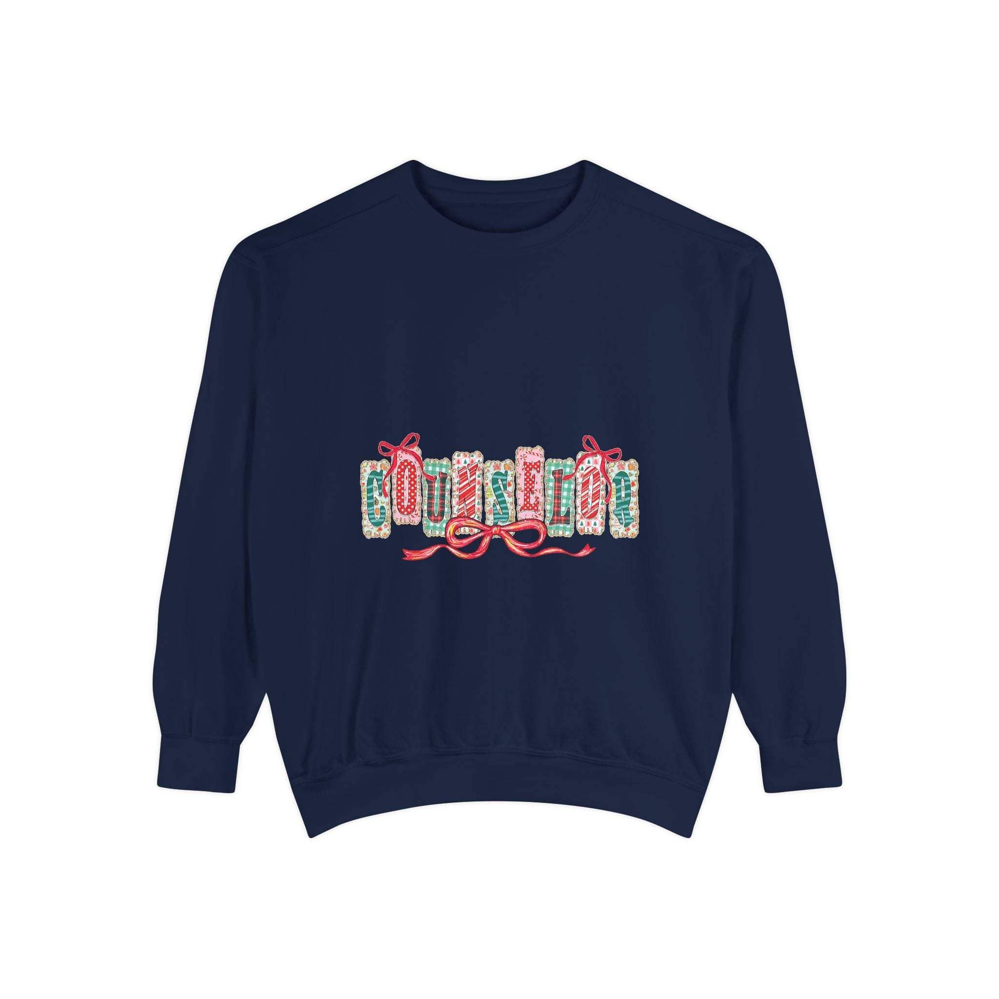 Navy blue garment-dyed sweatshirt with embroidered Preppy Counselor Christmas design and ribbed cuffs.
