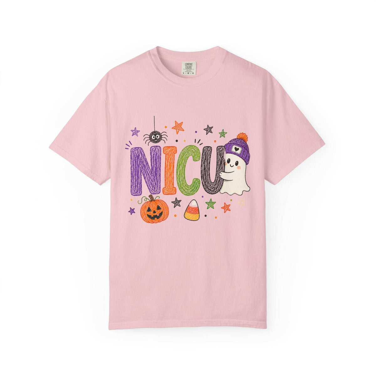 Blossom pink NICU nurse Halloween T-shirt with colorful crayon-style lettering, a smiling ghost in a purple beanie, pumpkin, and candy corn.