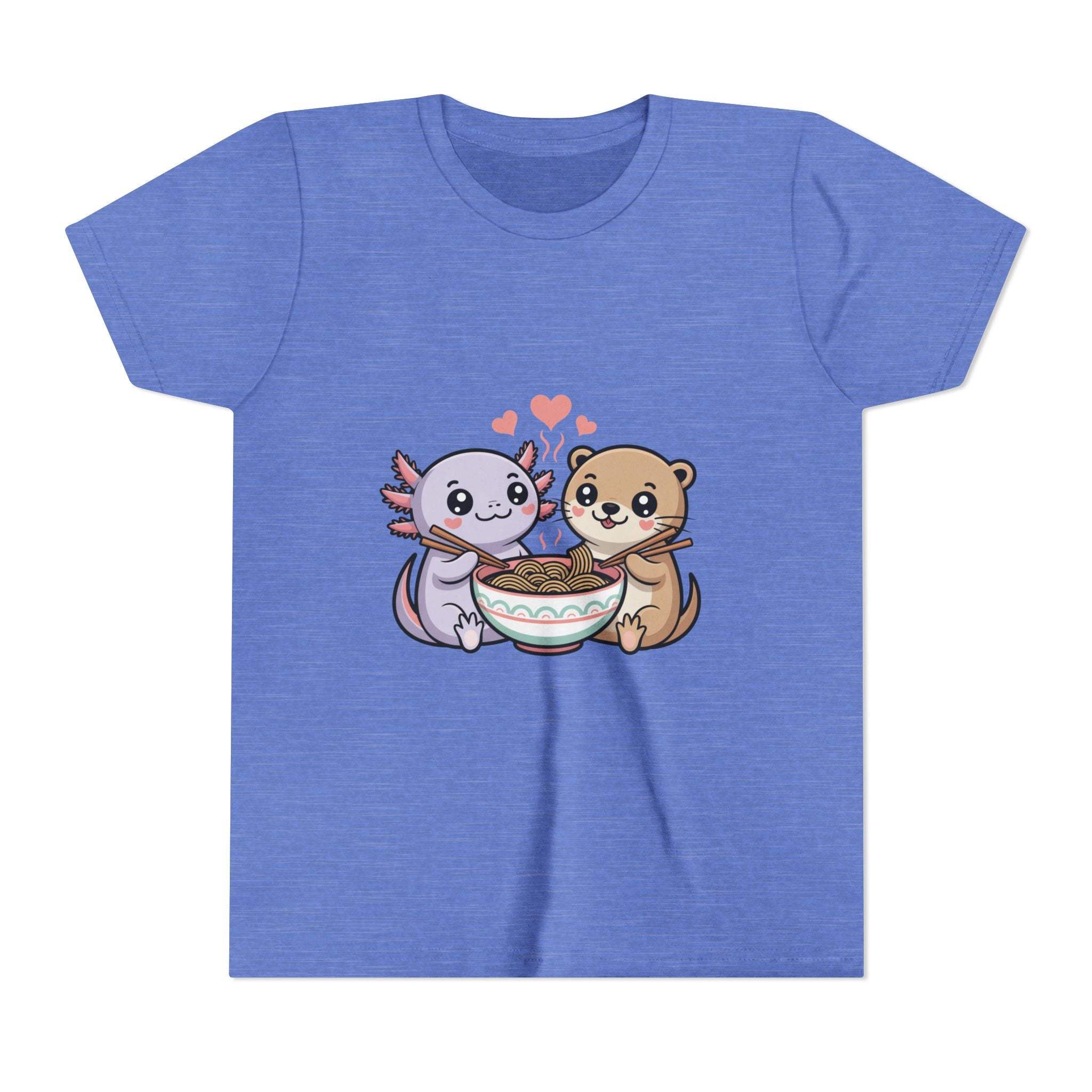 Cute Kawaii Animal Kids Shirt with axolotl and otter enjoying ramen bowl, lightweight cotton, playful kawaii design