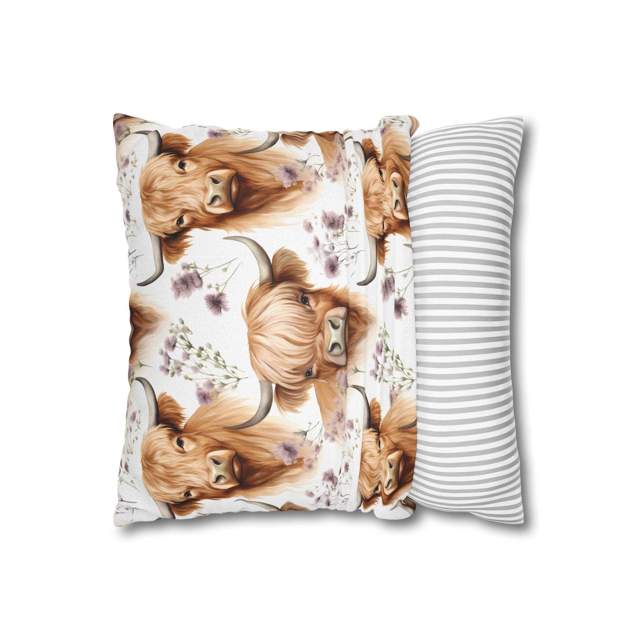 Floral Highland Cow decorative pillowcase with delicate blooms and long-haired cow design on soft fabric