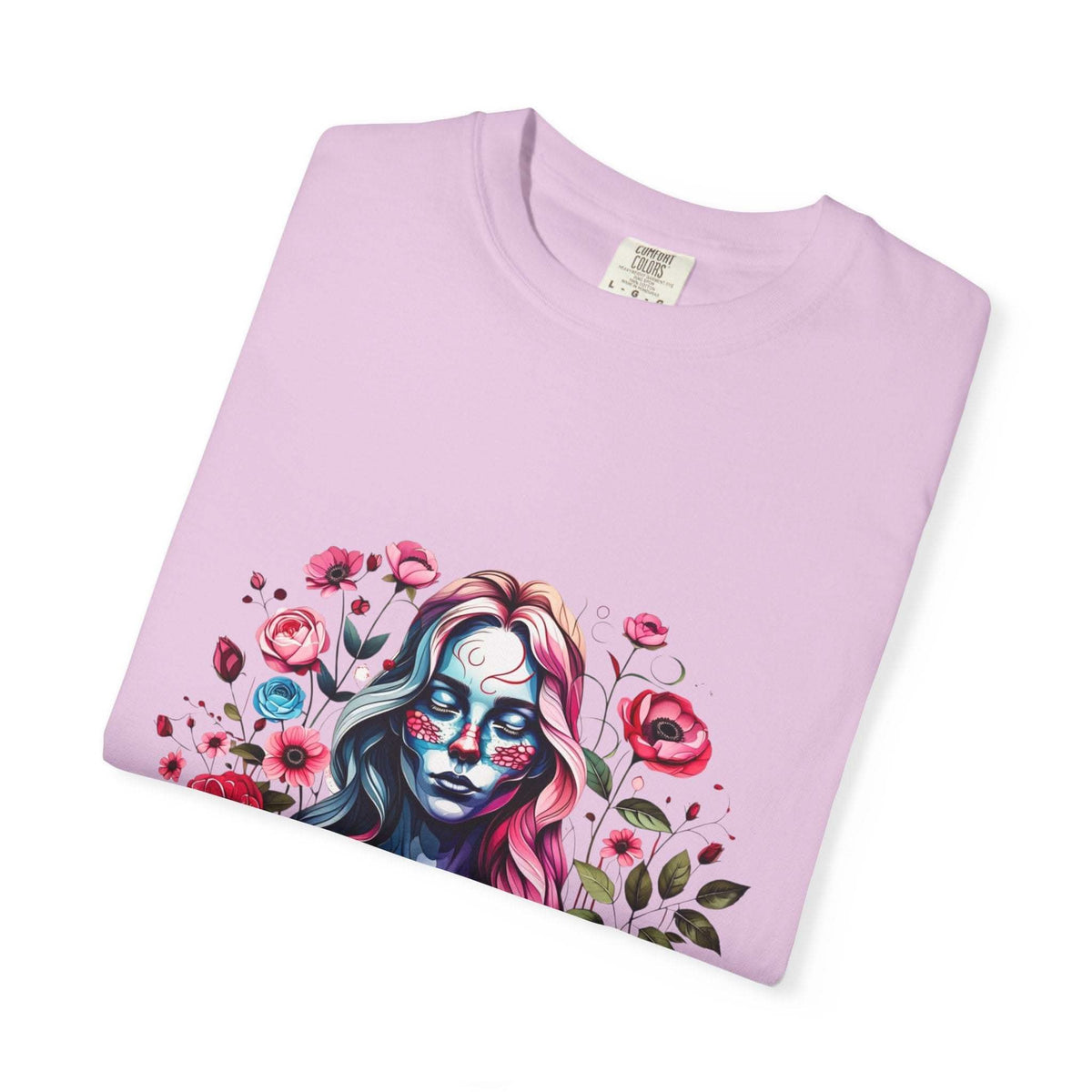 Soft lavender floral skeleton t-shirt with colorful lady skull design and relaxed fit