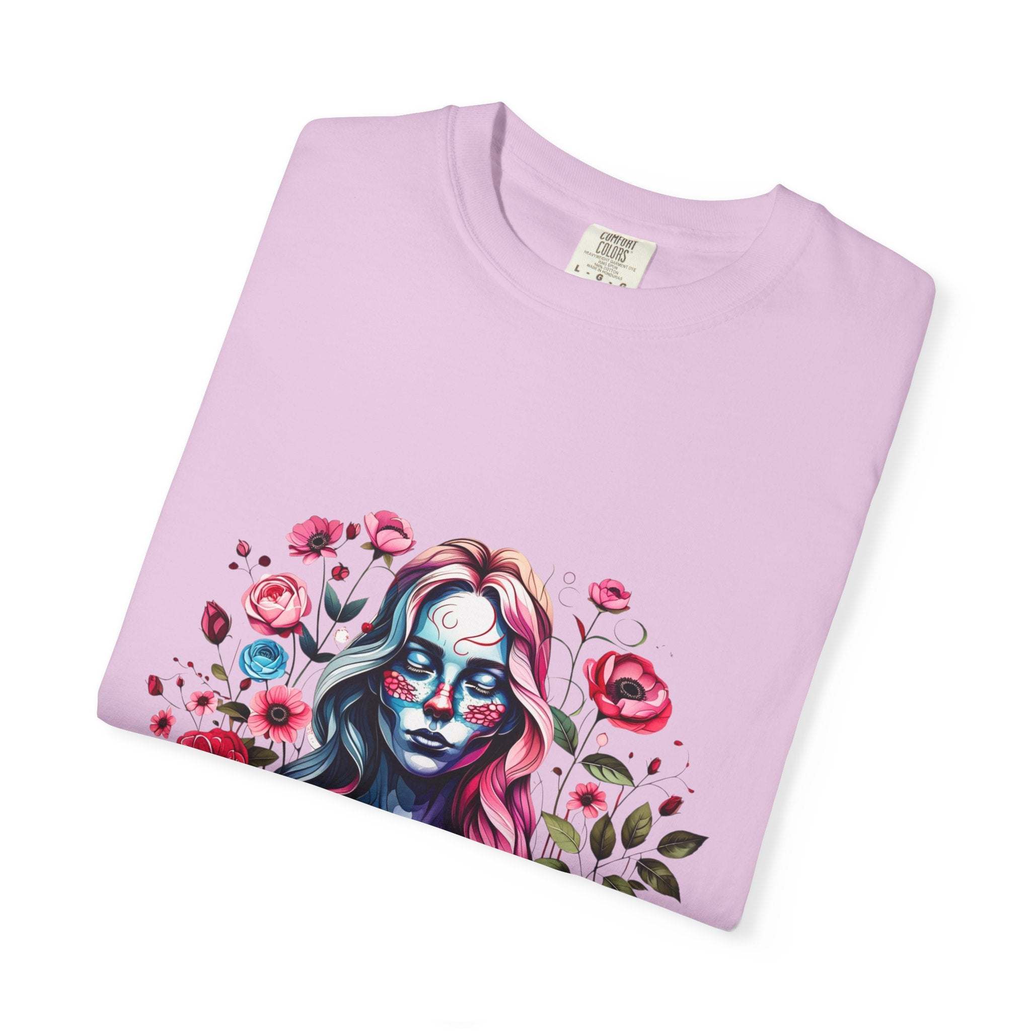 Soft lavender floral skeleton t-shirt with colorful lady skull design and relaxed fit