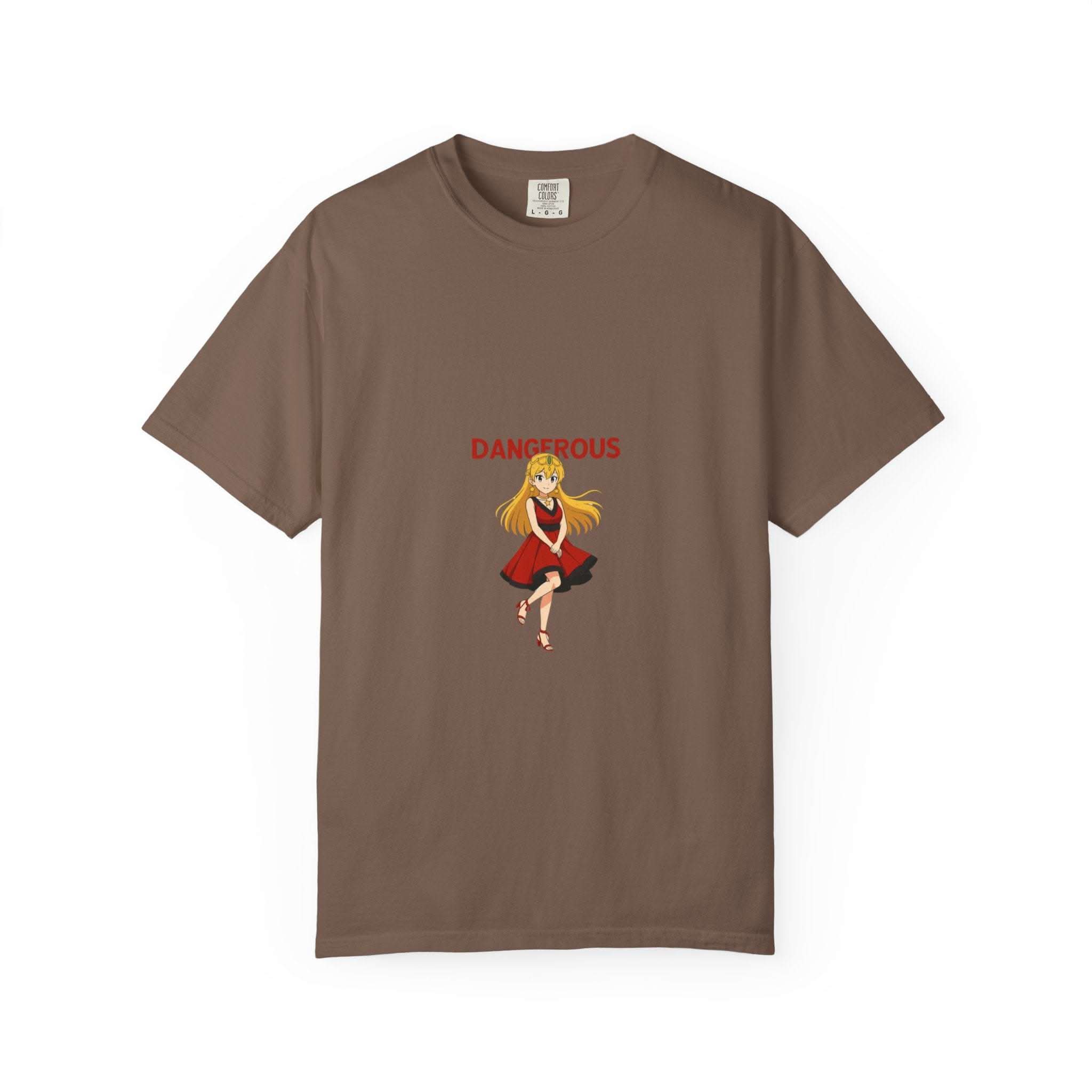 Anime T-shirt featuring a dangerous red girl design in black, casual style by Printify