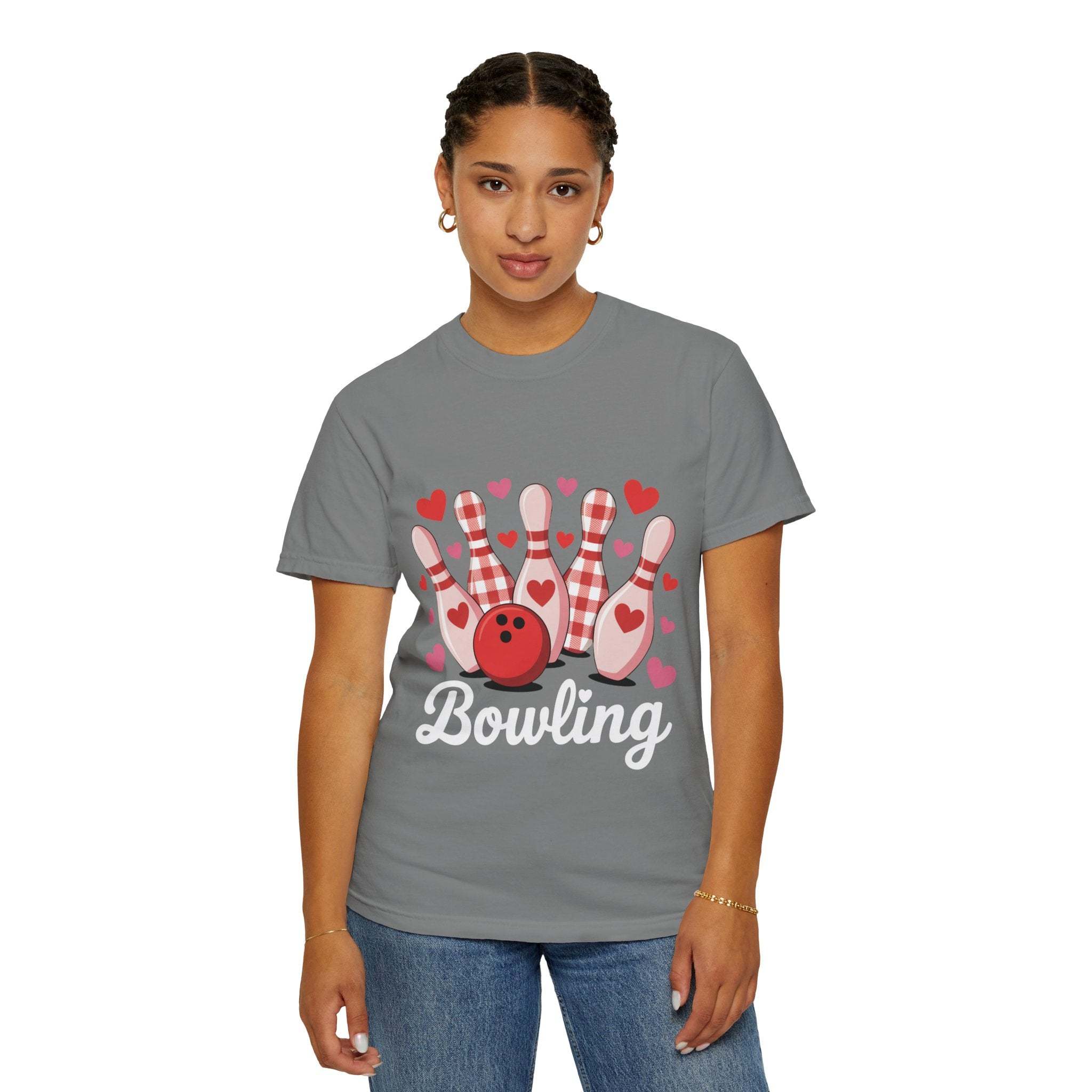 Valentine's Bowling Hearts Tshirt with tiny hearts and curved bowling pin design on soft heavyweight cotton