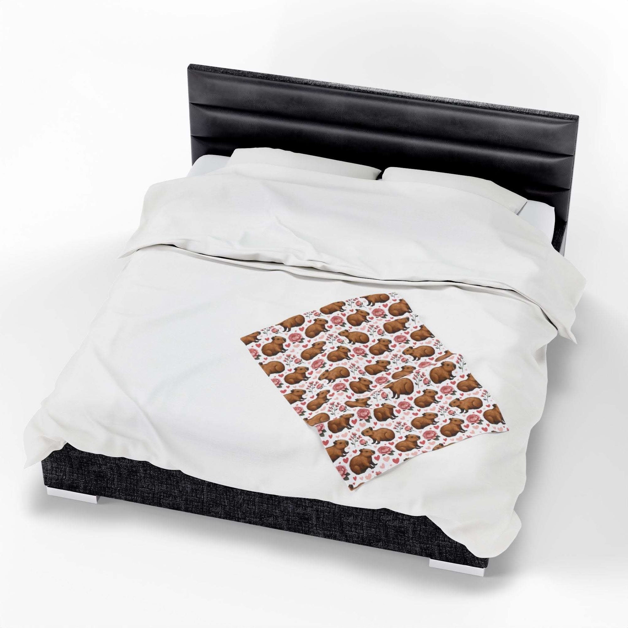 Floral Capybara Valentines plush velveteen blanket with pastel blooms and cozy warmth