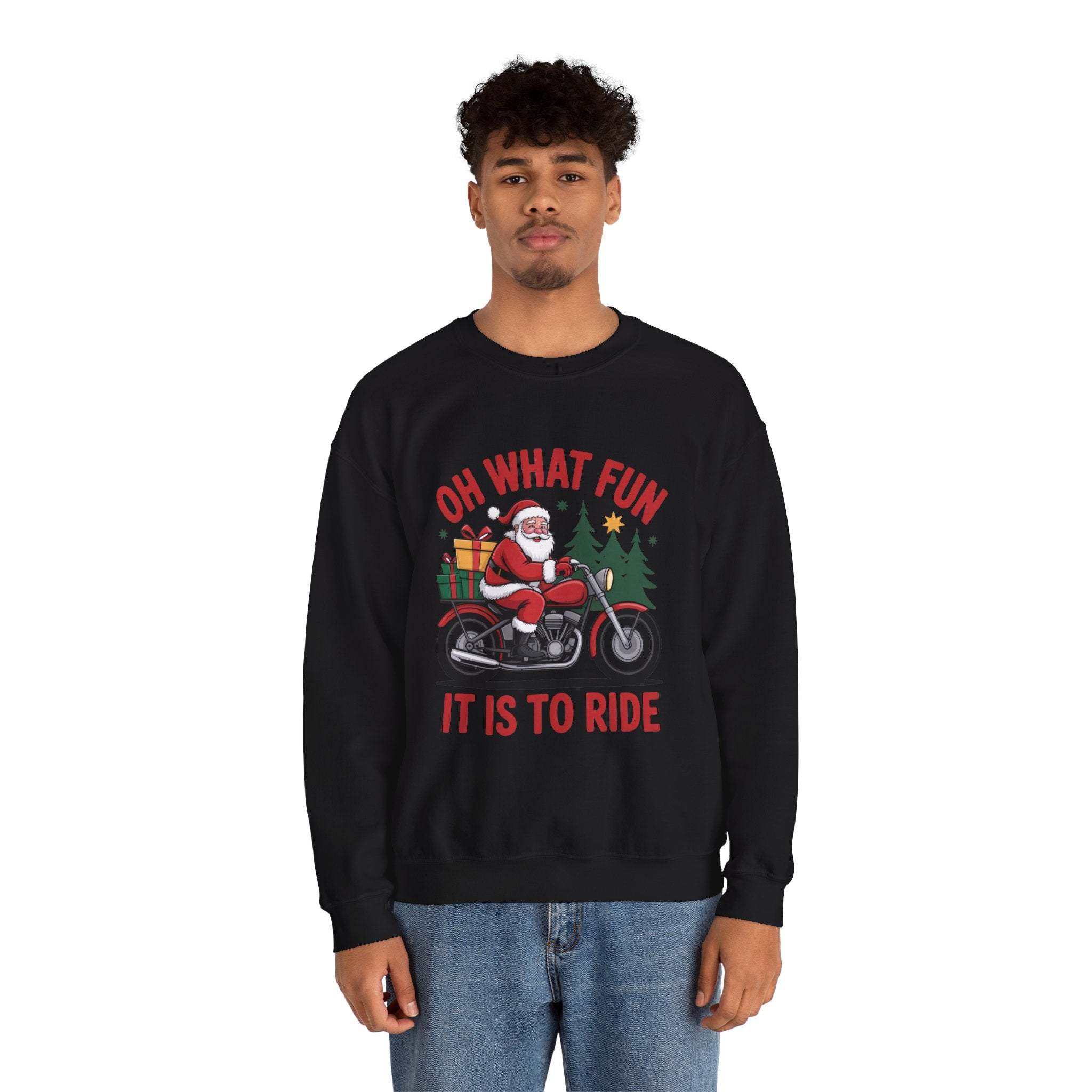 black Motorcycle Santa Sweatshirt with red and green holiday design worn by man