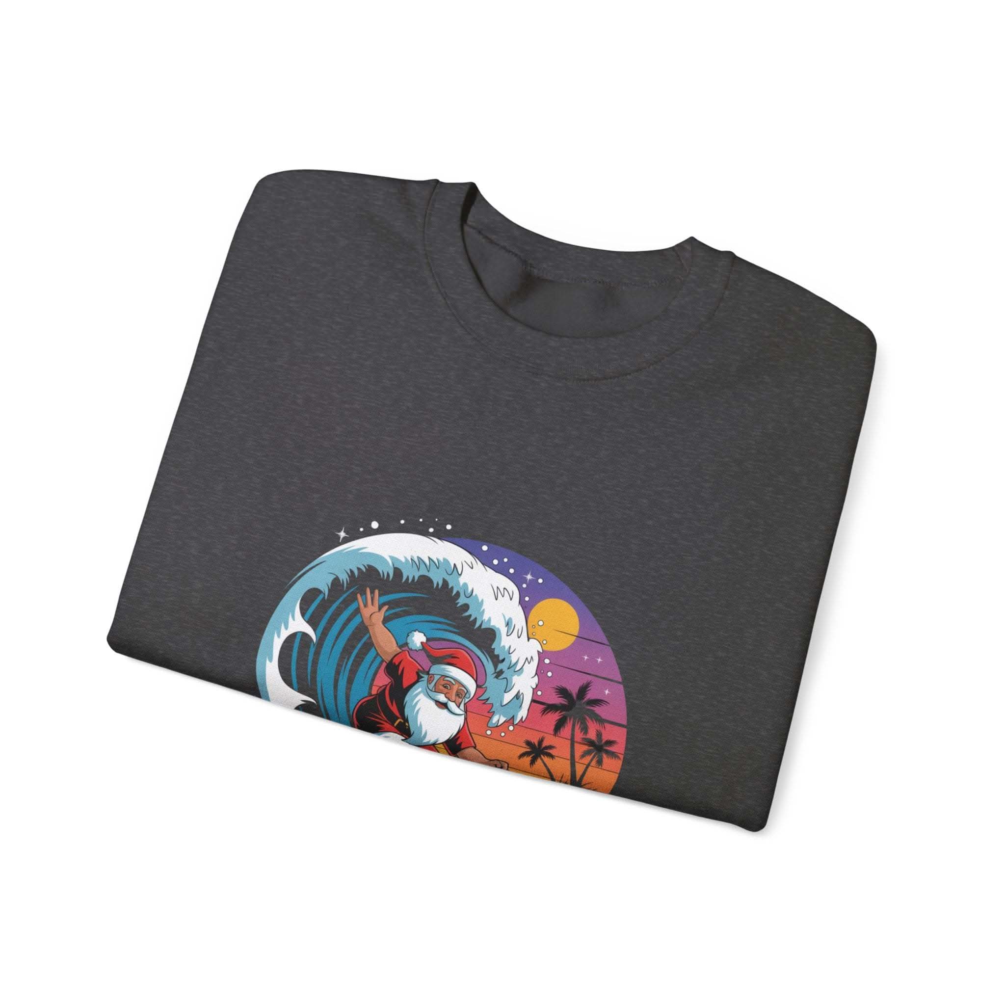 Navy Santa sweatshirt featuring a surfing design, perfect for holiday beachwear by Printify.