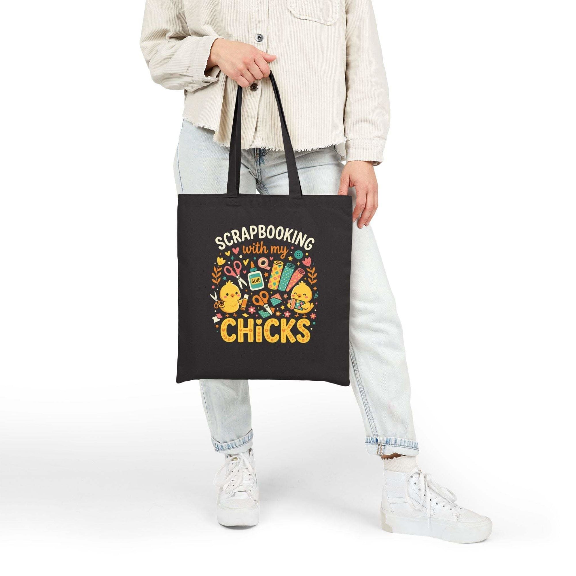 Scrapbooking with My Chicks Tote featuring cute chick craft design on durable cotton canvas bag