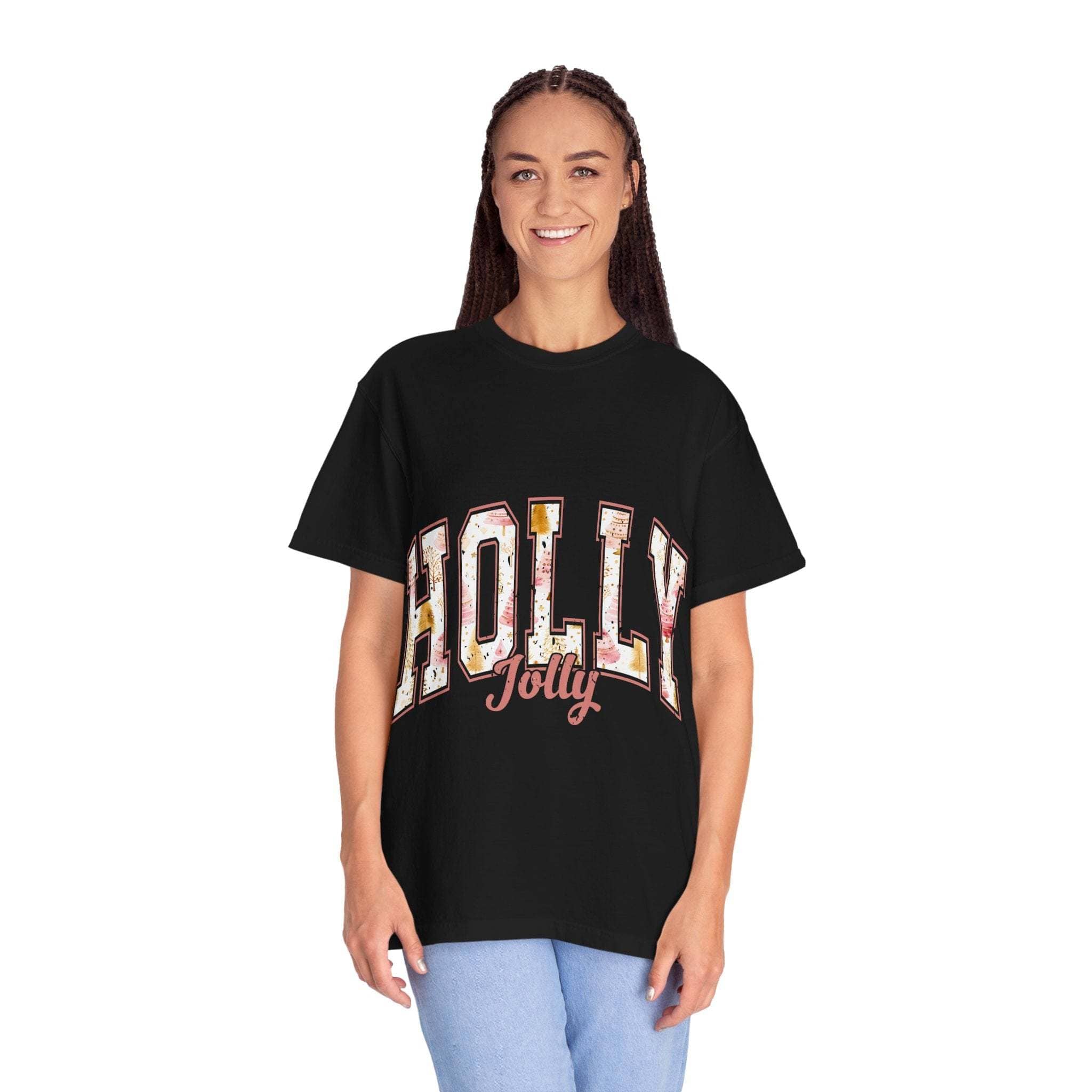 Woman wearing black Varsity Holly Jolly T-shirt with festive text and relaxed fit