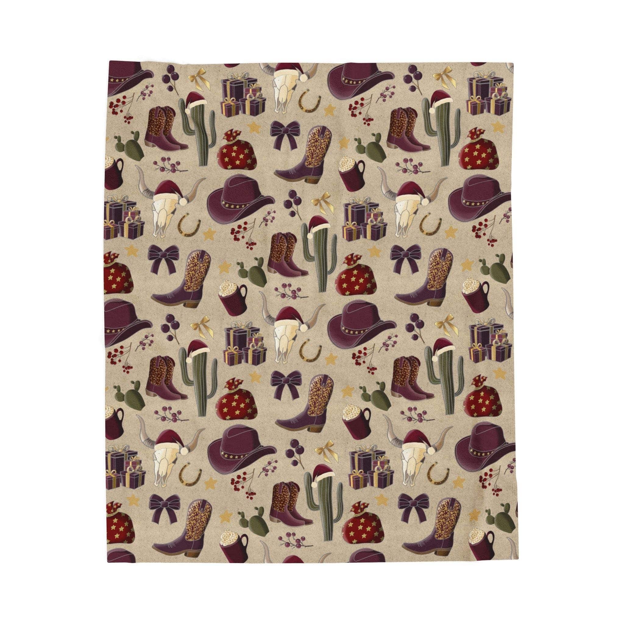 Cowboy Christmas plush blanket with festive western-themed pattern and vibrant colors
