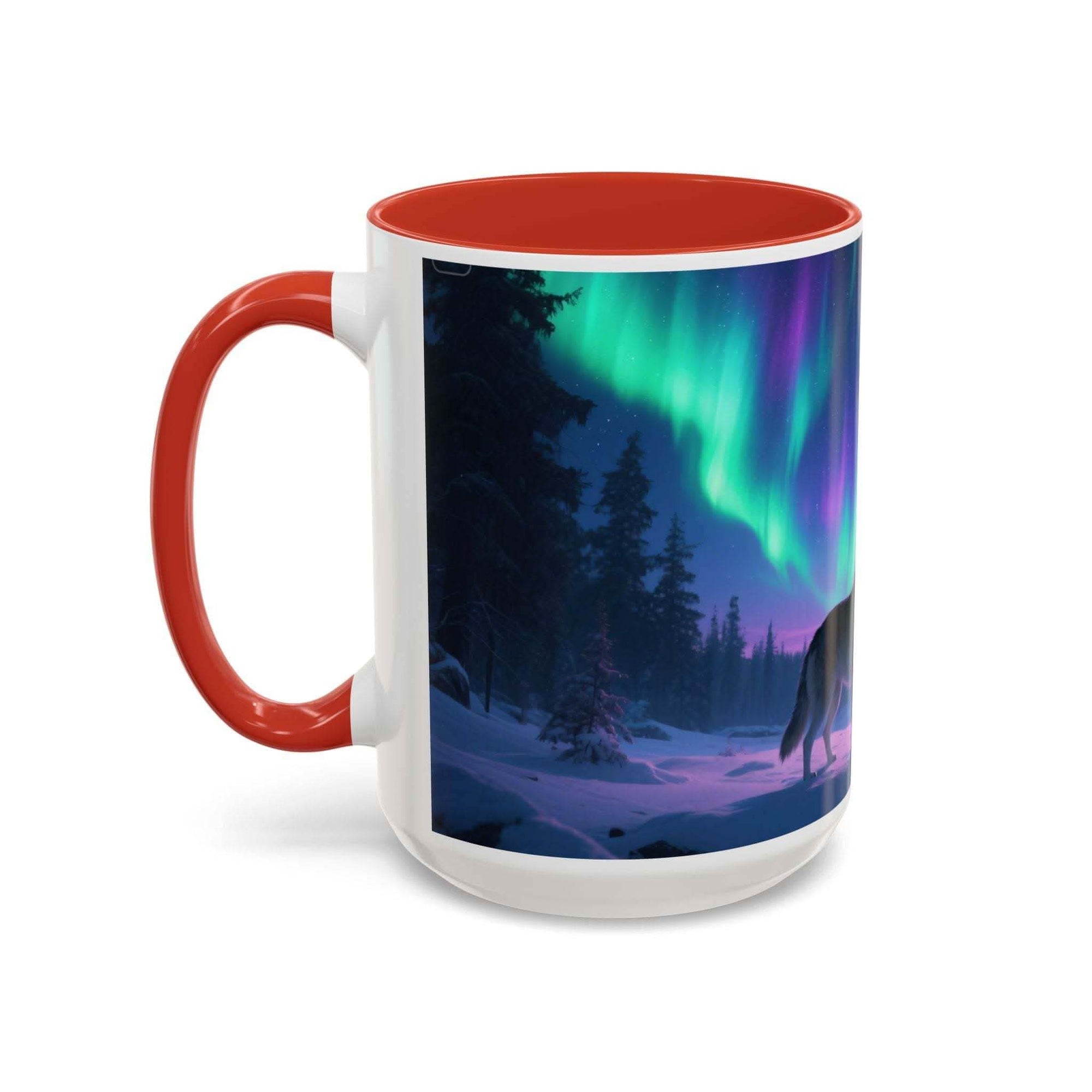 Mug with a scenic design of a forest and Northern Lights, red handle and interior.
