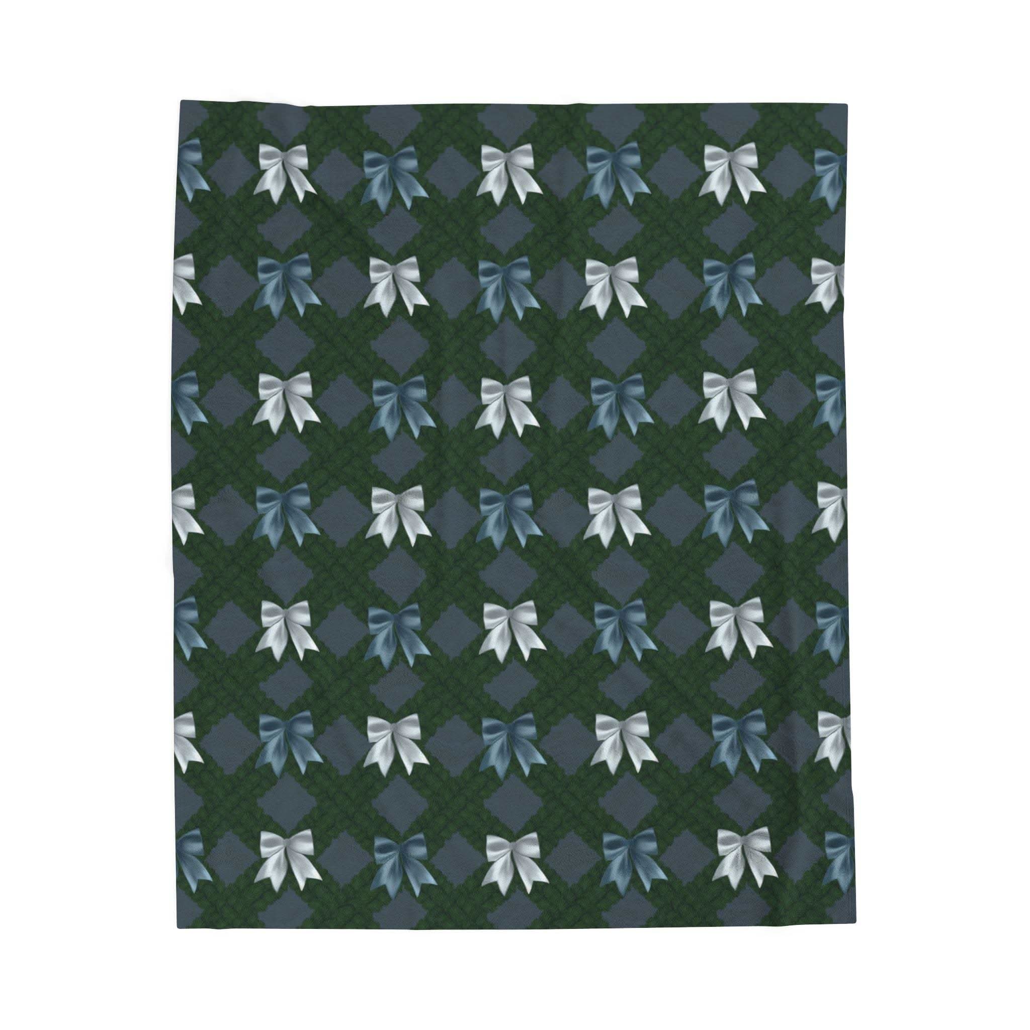 Velveteen plush blanket with winter coquette bow pattern draped on sofa for cozy comfort