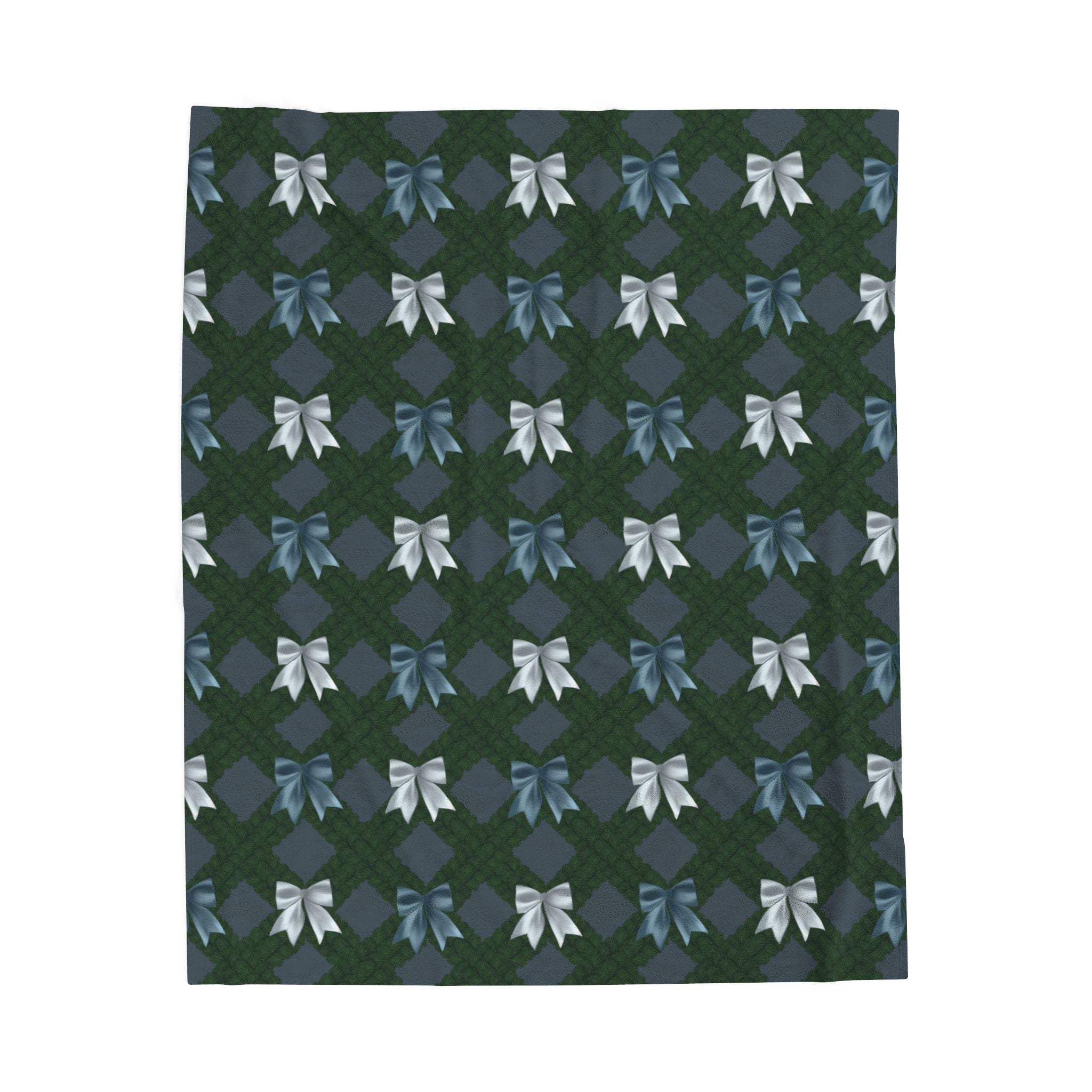 Velveteen plush blanket with winter coquette bows pattern in dark green and blue tones