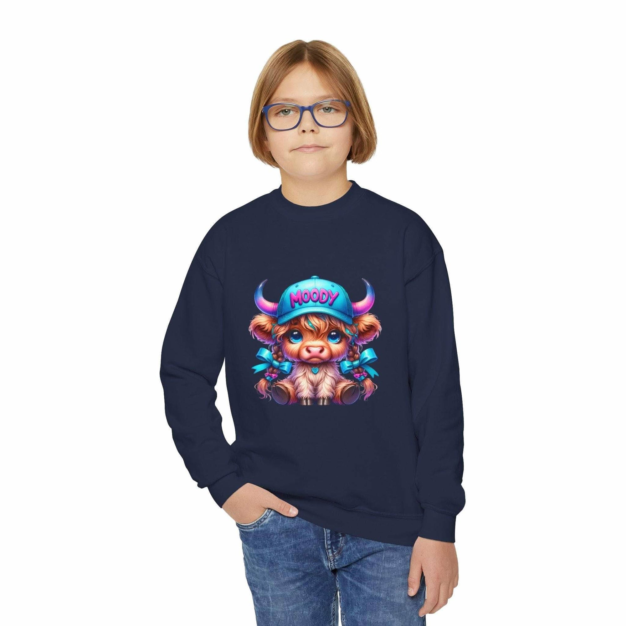 Youth navy sweatshirt with Moody Girl Highland Cow graphic, cotton-poly blend, ribbed collar, and loose fit