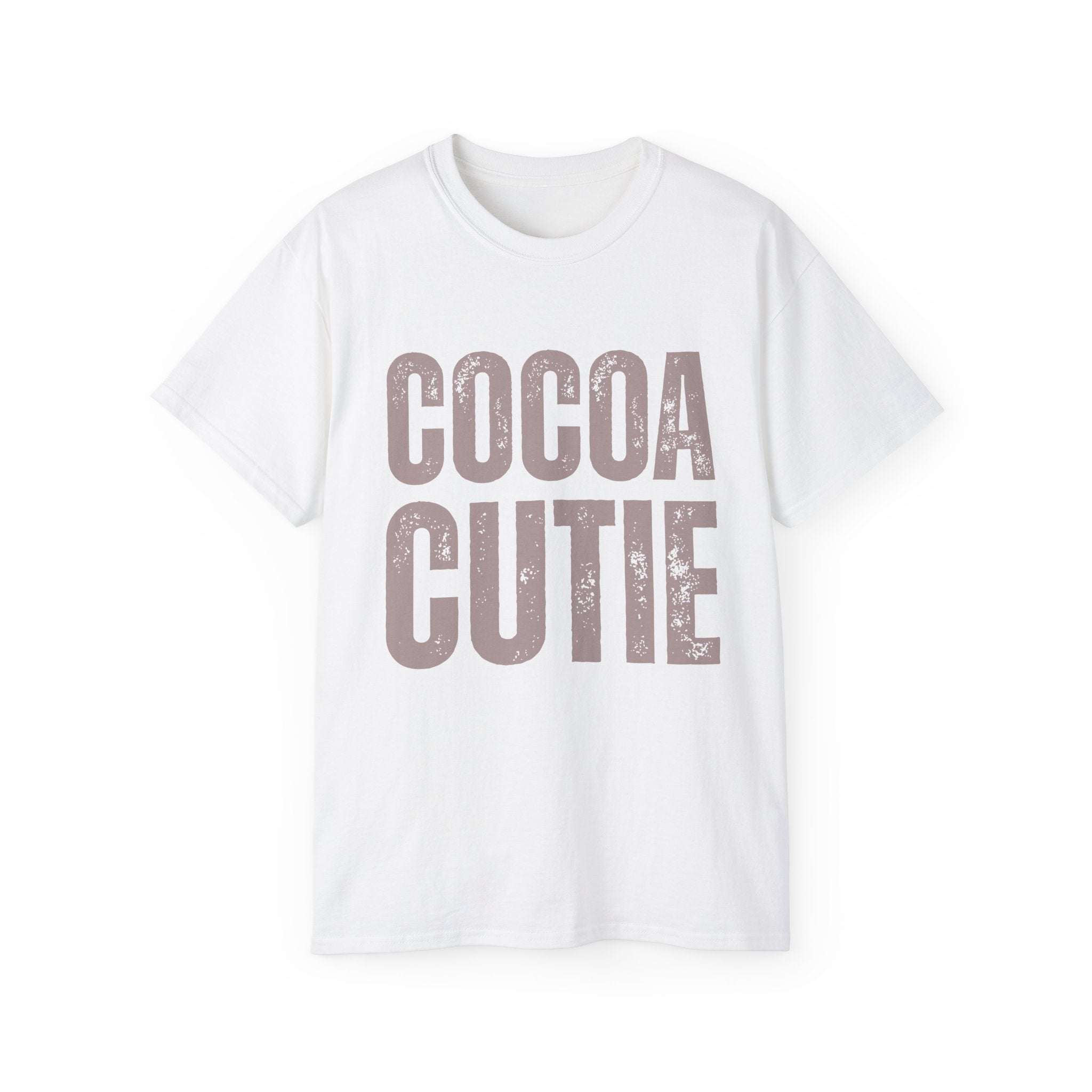 White distressed cotton t-shirt with Cocoa Cutie text print, environmentally-friendly and vintage style