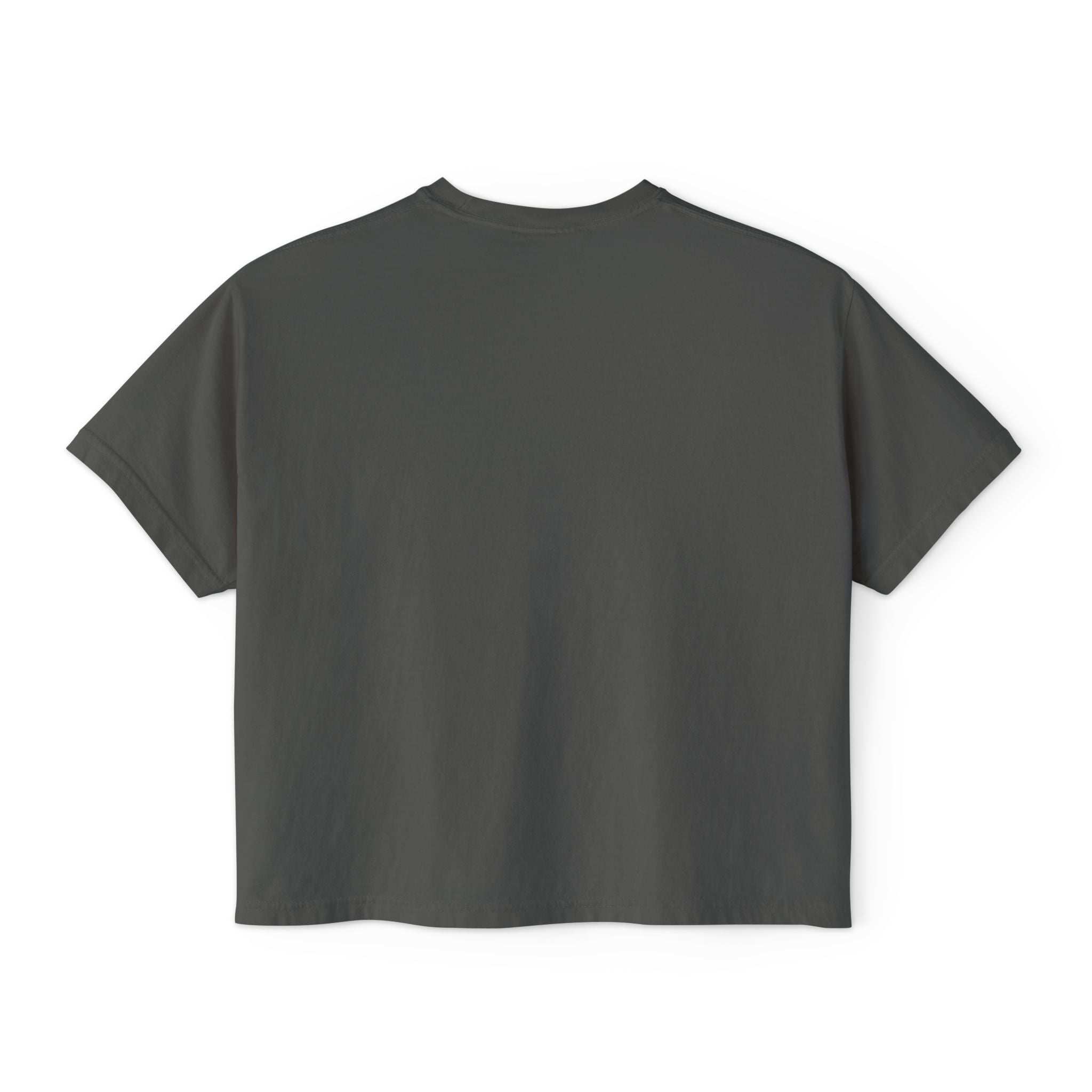 Back view of women's dark grey boxy tee with short sleeves and cropped fit