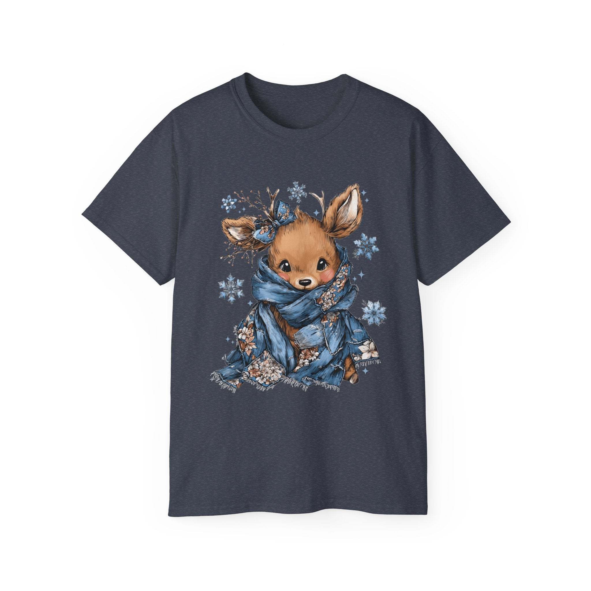 White t-shirt with retro patchwork reindeer design wearing blue scarf and surrounded by snowflakes