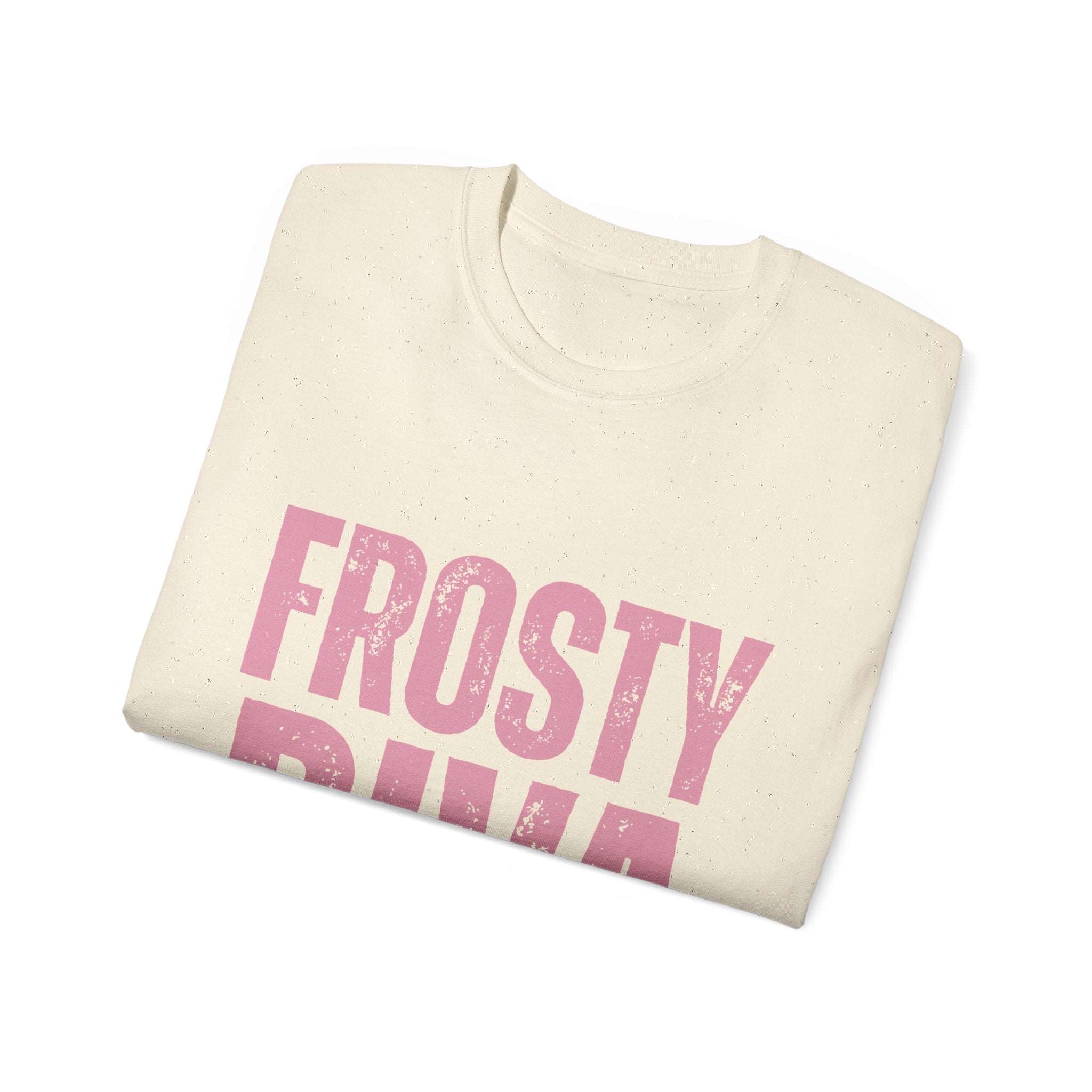 Folded distressed frosty diva t-shirt in cream with pink text made of 100% US cotton