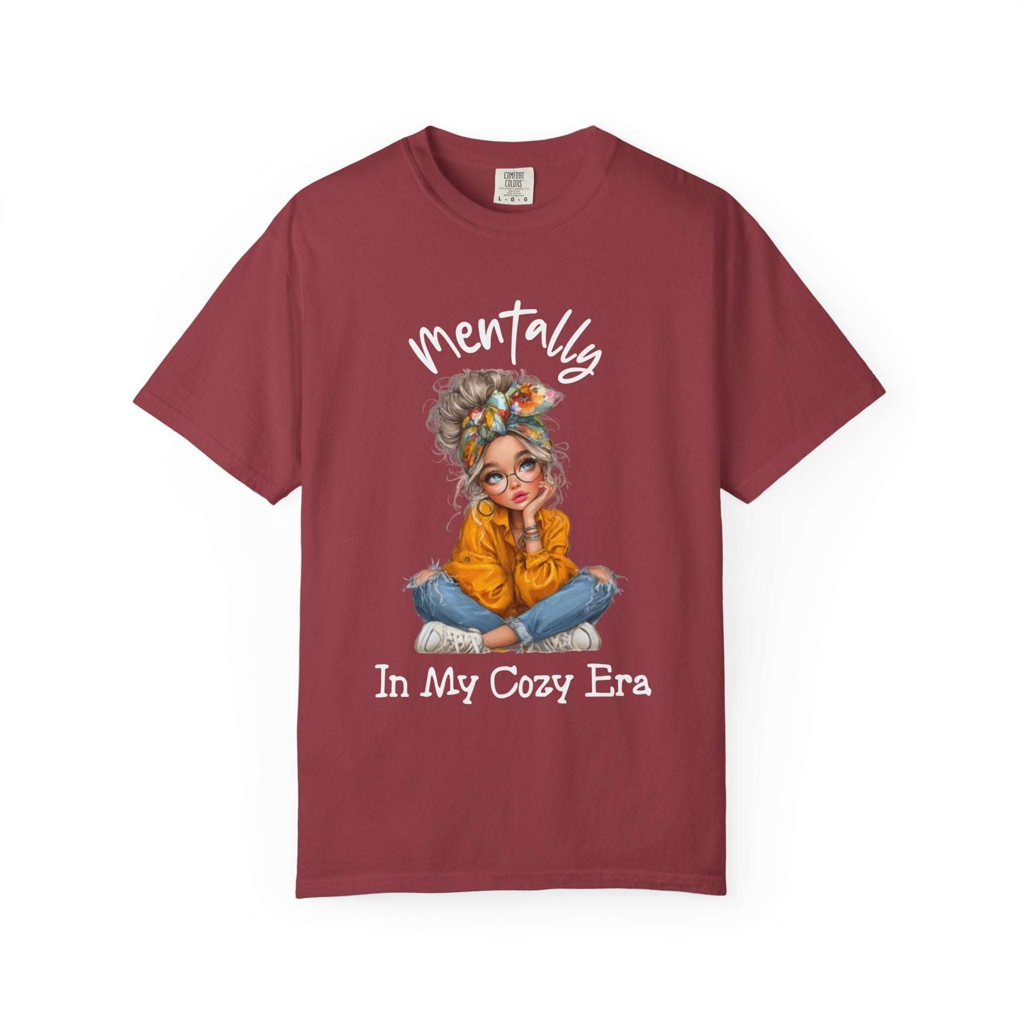 Maroon t-shirt with a graphic of a girl and text on a white background