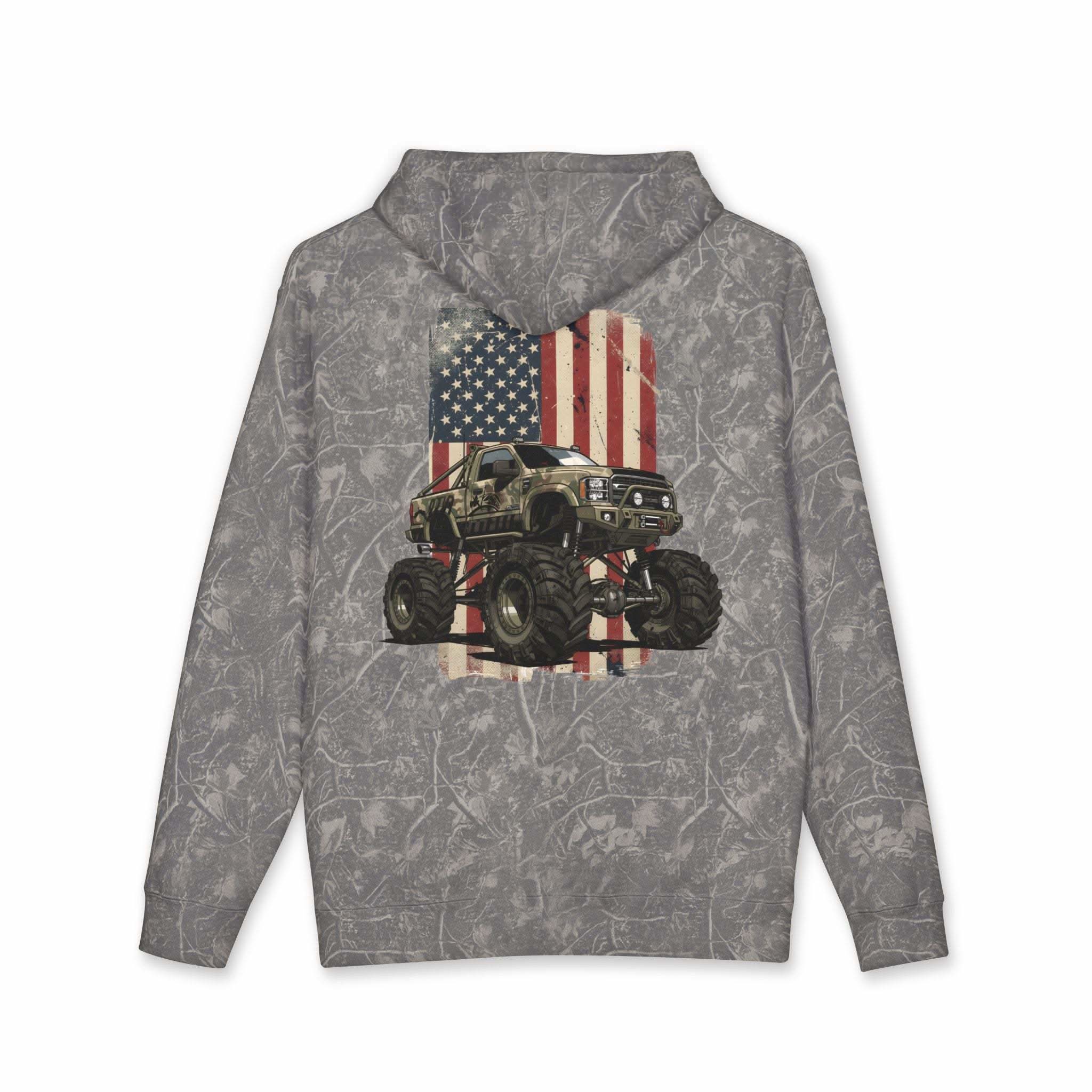 American Flag Monster Truck hoodie with camouflage truck graphic and distressed flag design